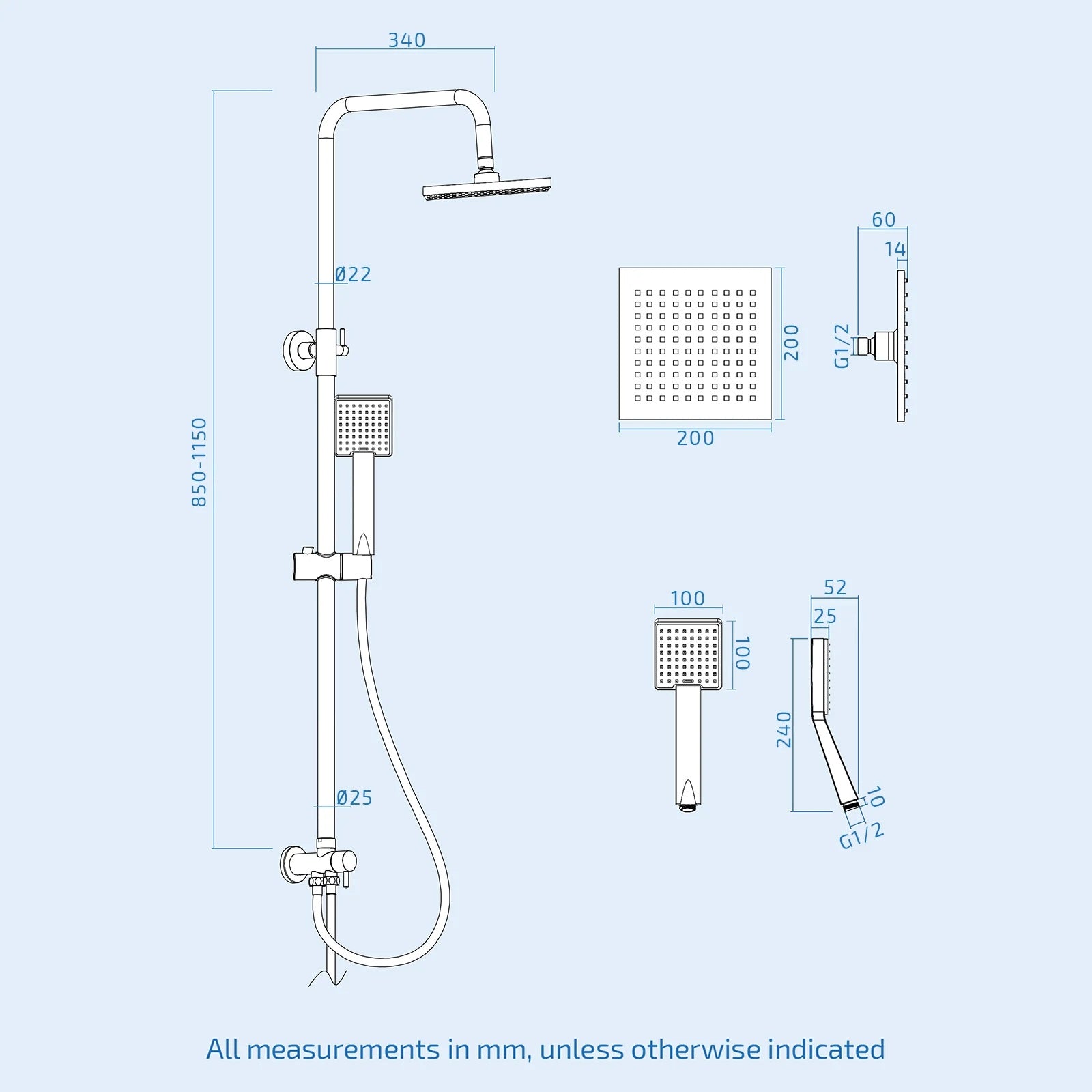Square Exposed Shower Set, Single Mode Handset & Bath Filler - Chrome