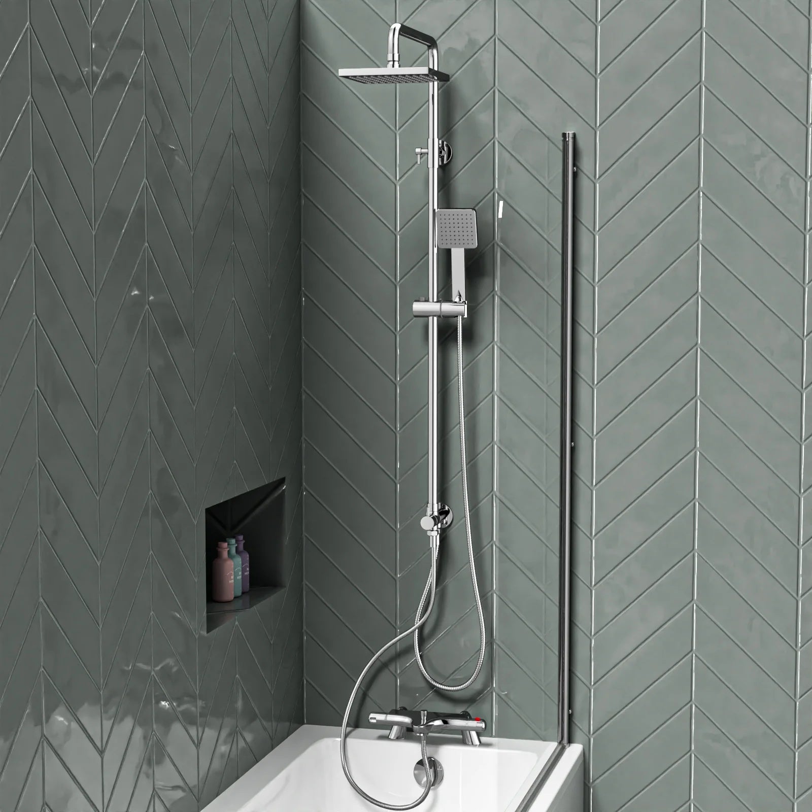 Square Exposed Shower Set, Single Mode Handset & Thermostatic Bath Filler - Chrome