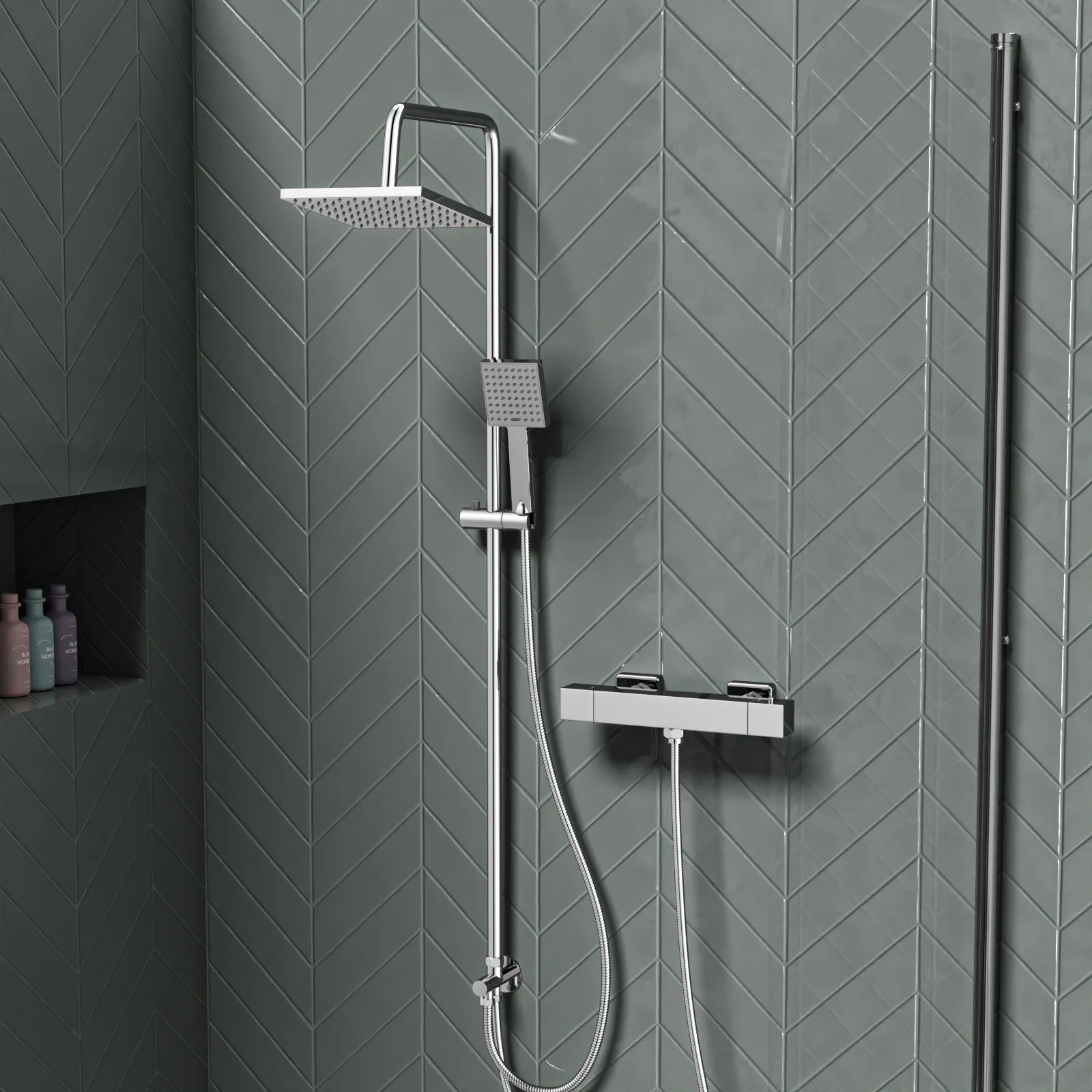 Square Overhead & Hand Shower Thermostatic Valve Single Outlet - Chrome
