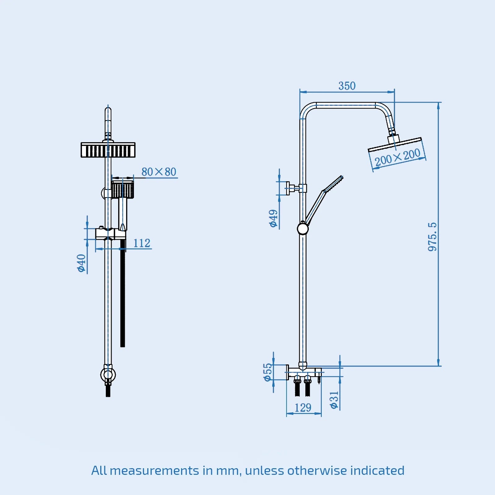 Square Overhead & Hand Shower Thermostatic Valve Single Outlet - Chrome