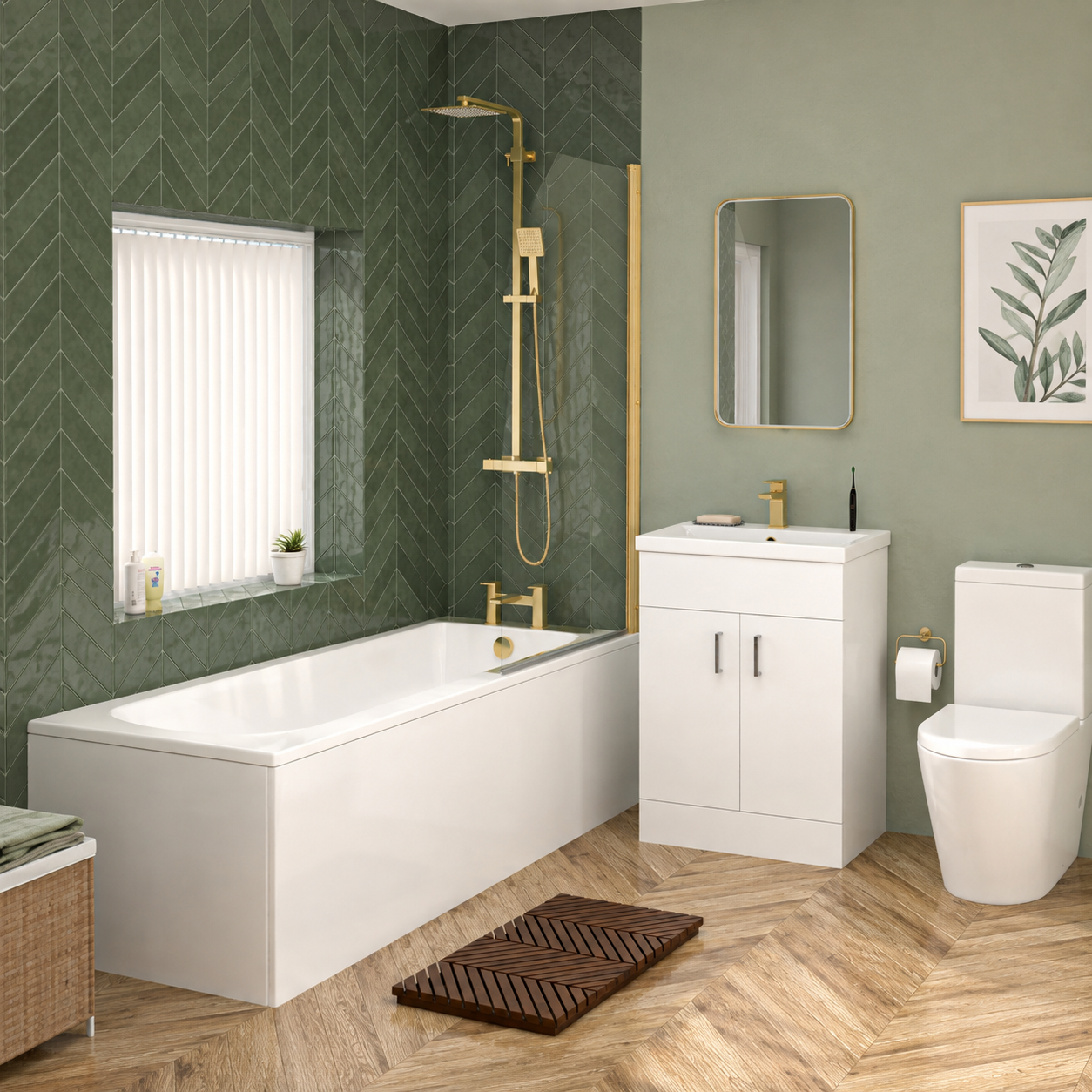 Bathroom Suite 1700mm Square Bath with Screen, 600mm Vanity Unit & Toilet - Set with Brushed Brass Fittings