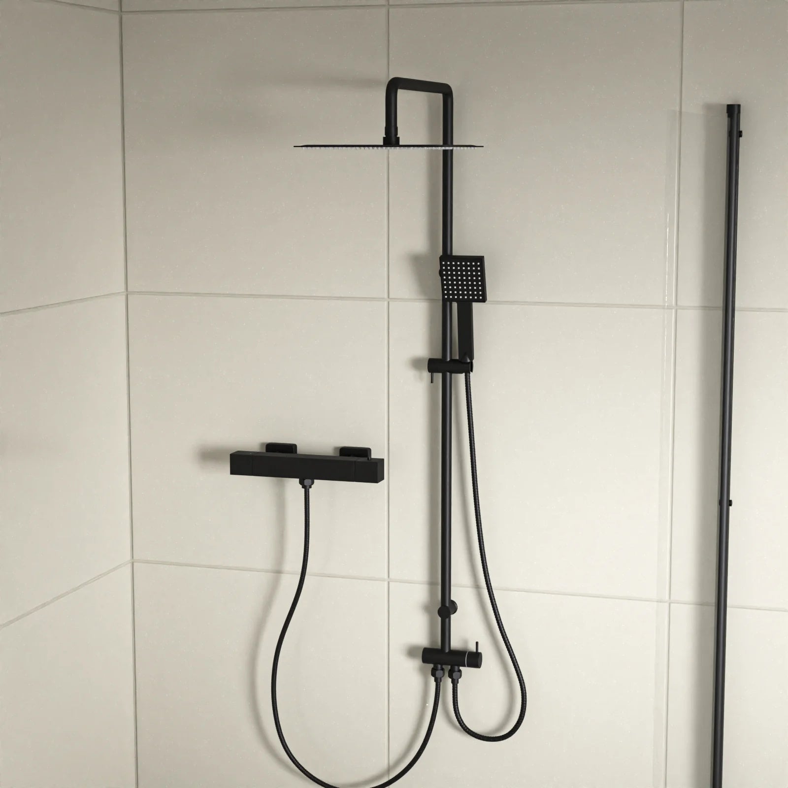 Square Shower Kit With Thermostatic Bar Valve Single Outlet - Matte Black