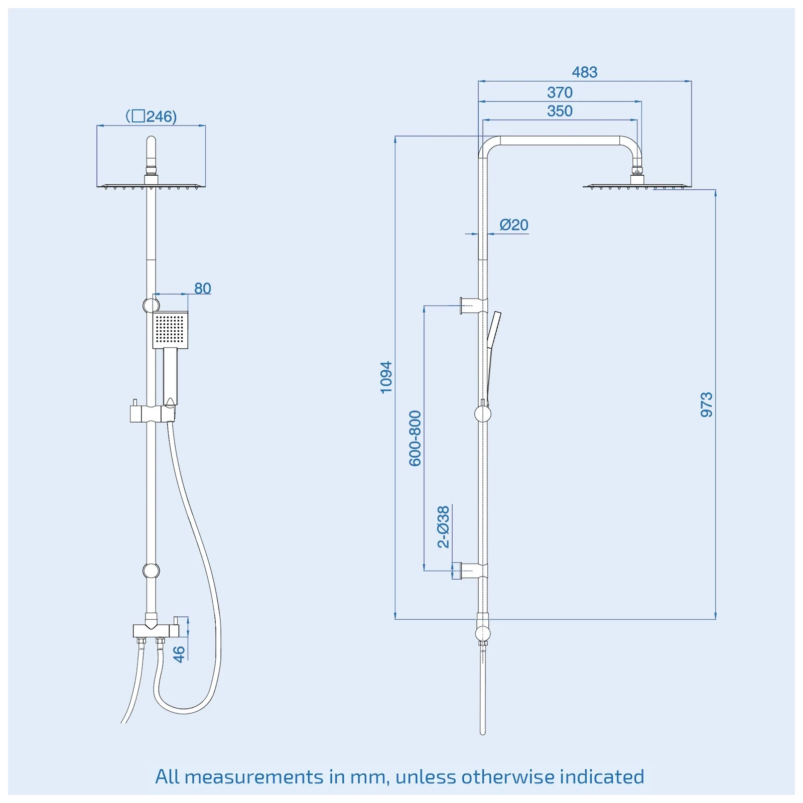 Square Shower Kit With Thermostatic Bar Valve Single Outlet - Matte Black