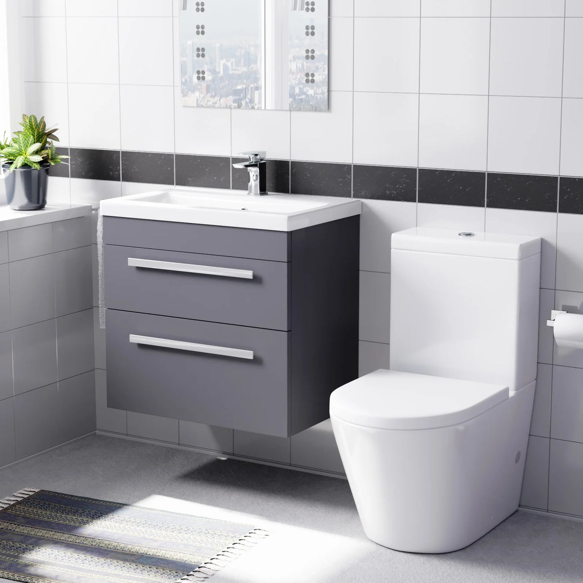 Steel Grey 600mm Wall Hung Vanity With Ceramic Basin & Close Coupled Toilet