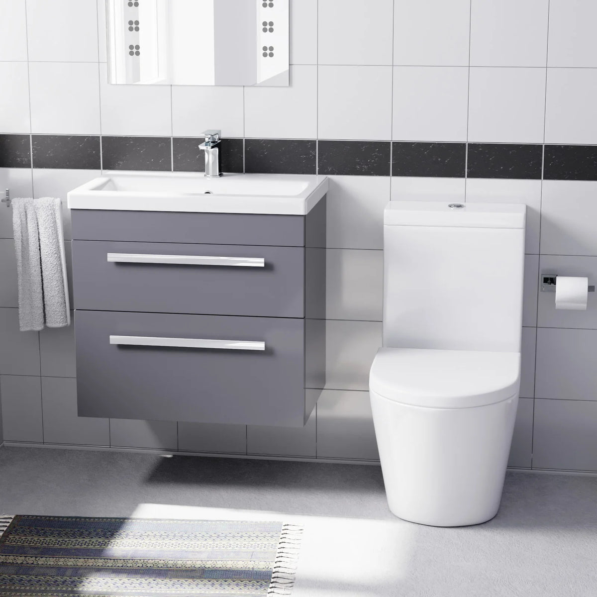 Steel Grey 600mm Wall Hung Vanity With Ceramic Basin & Close Coupled Toilet