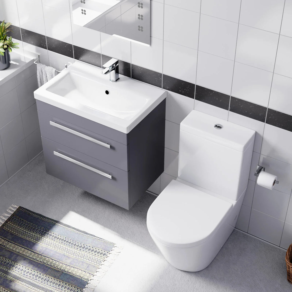 Steel Grey 600mm Wall Hung Vanity With Ceramic Basin & Close Coupled Toilet