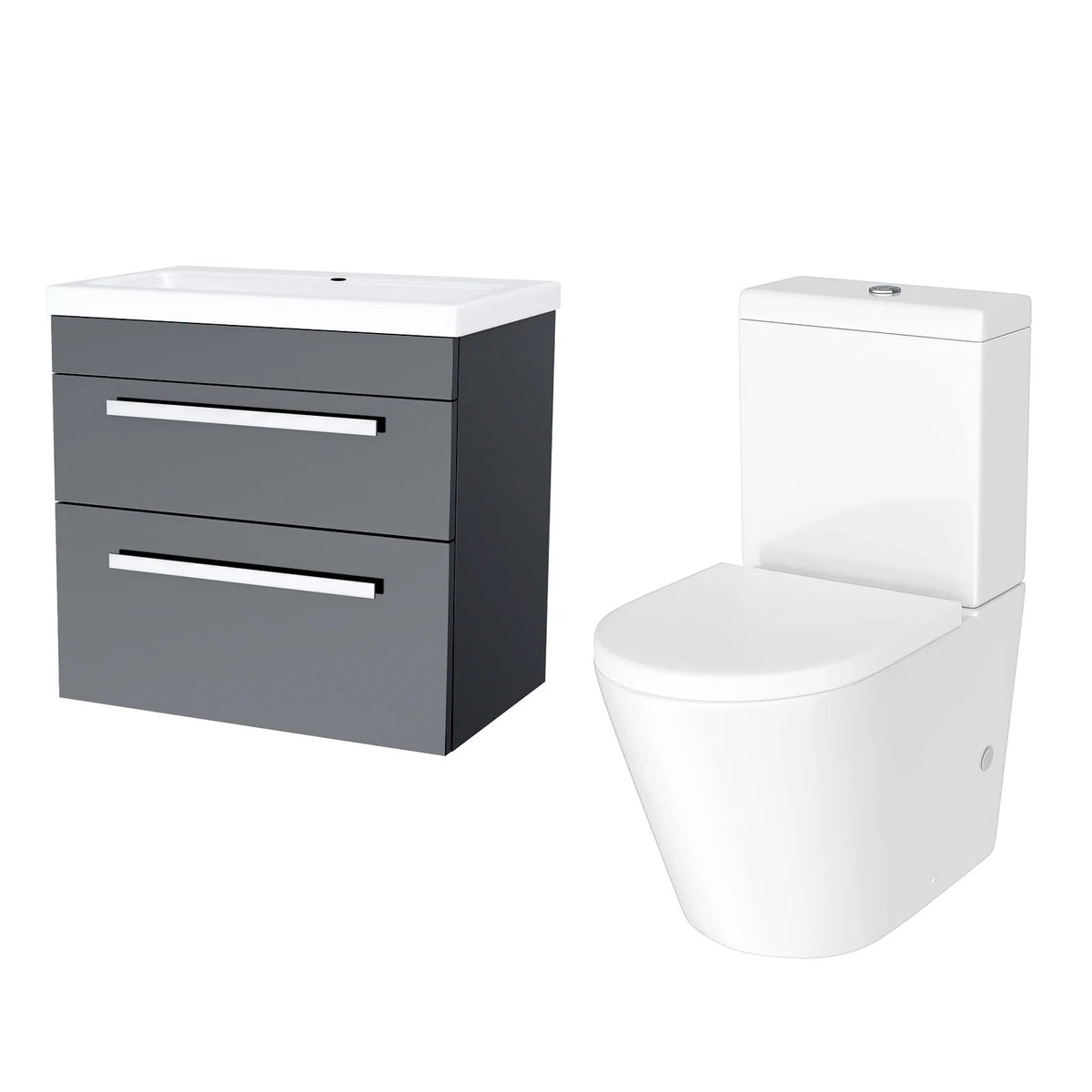 Steel Grey 600mm Wall Hung Vanity With Ceramic Basin & Close Coupled Toilet