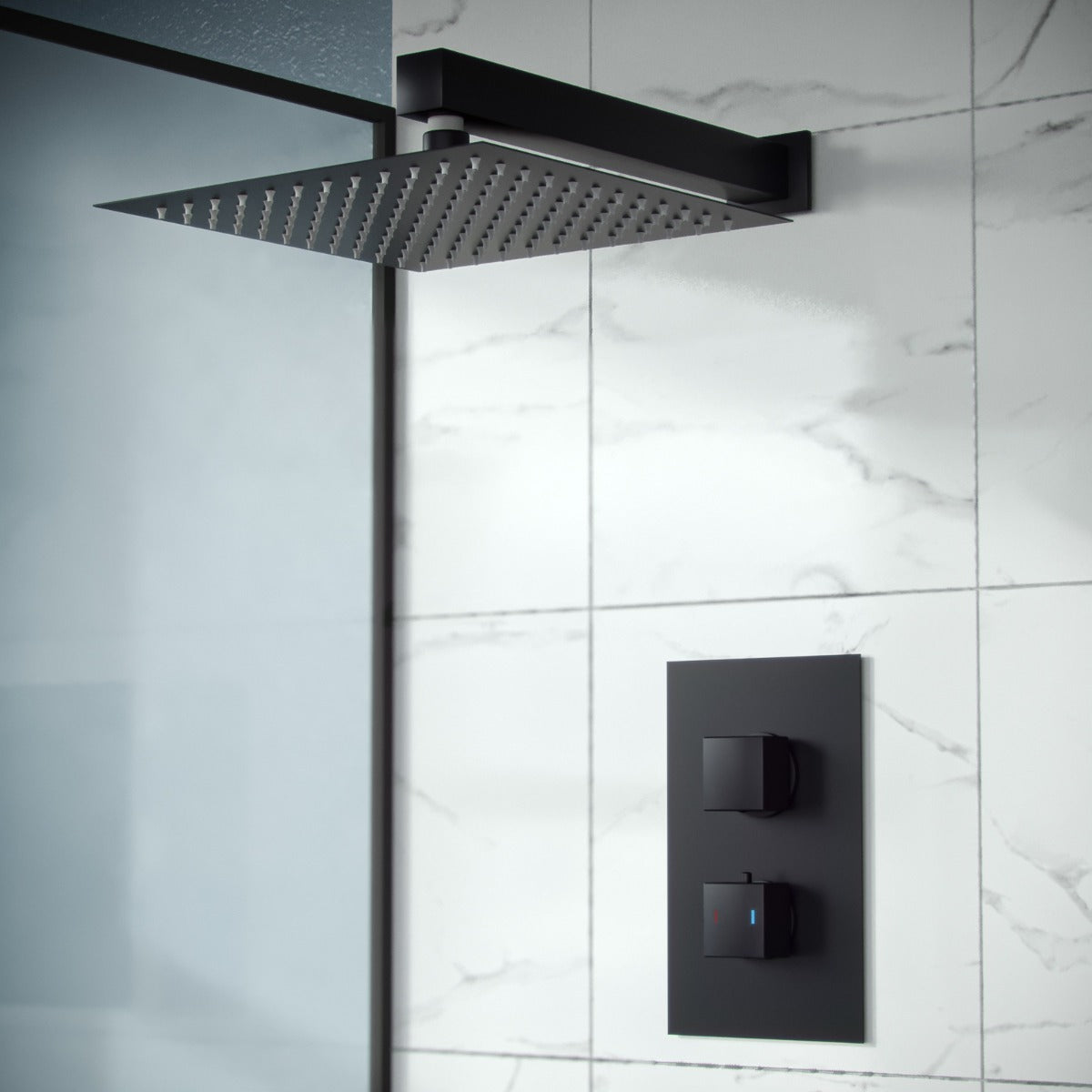 Rennes Matte Black Concealed Thermostatic Overhead 200mm Square Rainfall Shower Mixer Set
