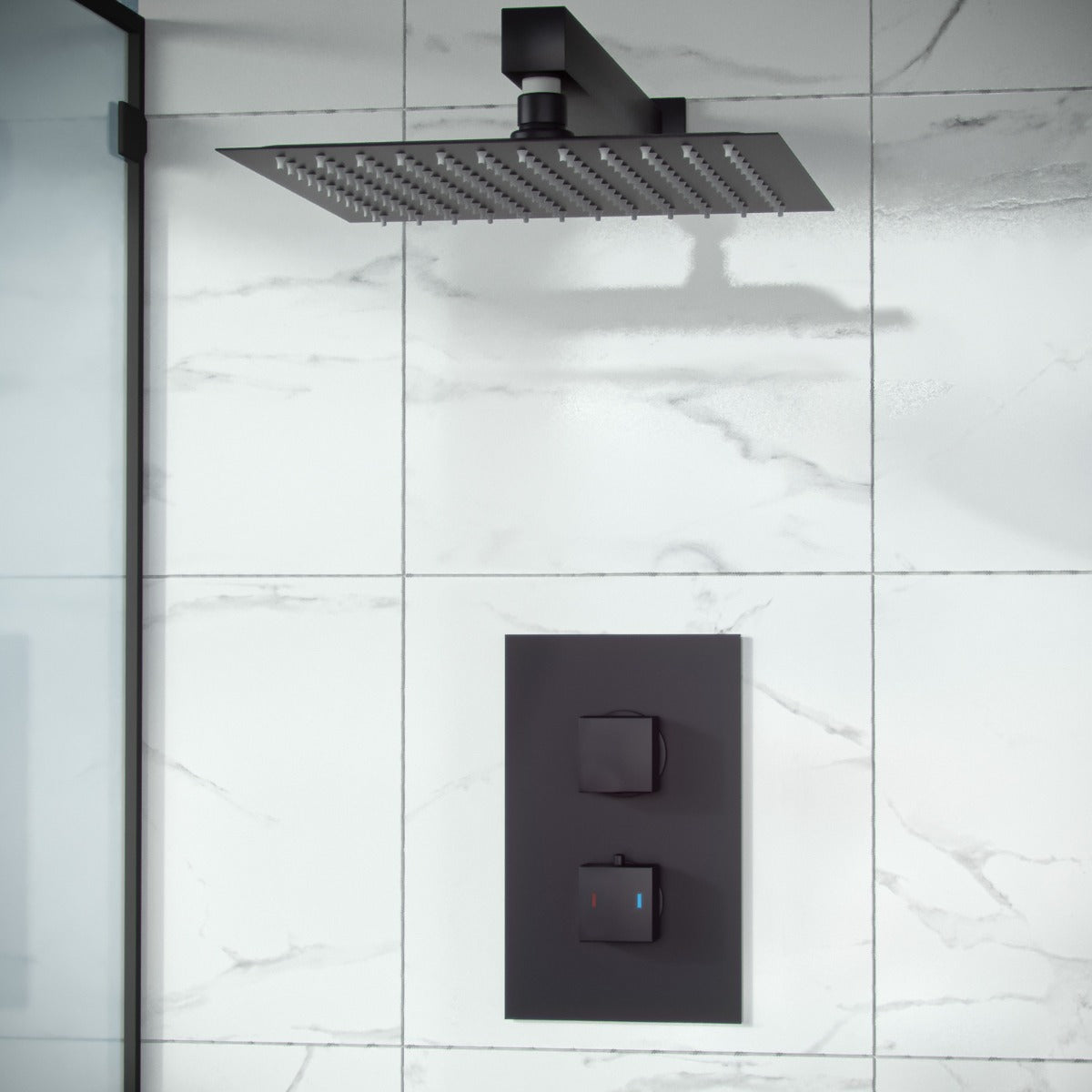 Rennes Matte Black Concealed Thermostatic Overhead 200mm Square Rainfall Shower Mixer Set