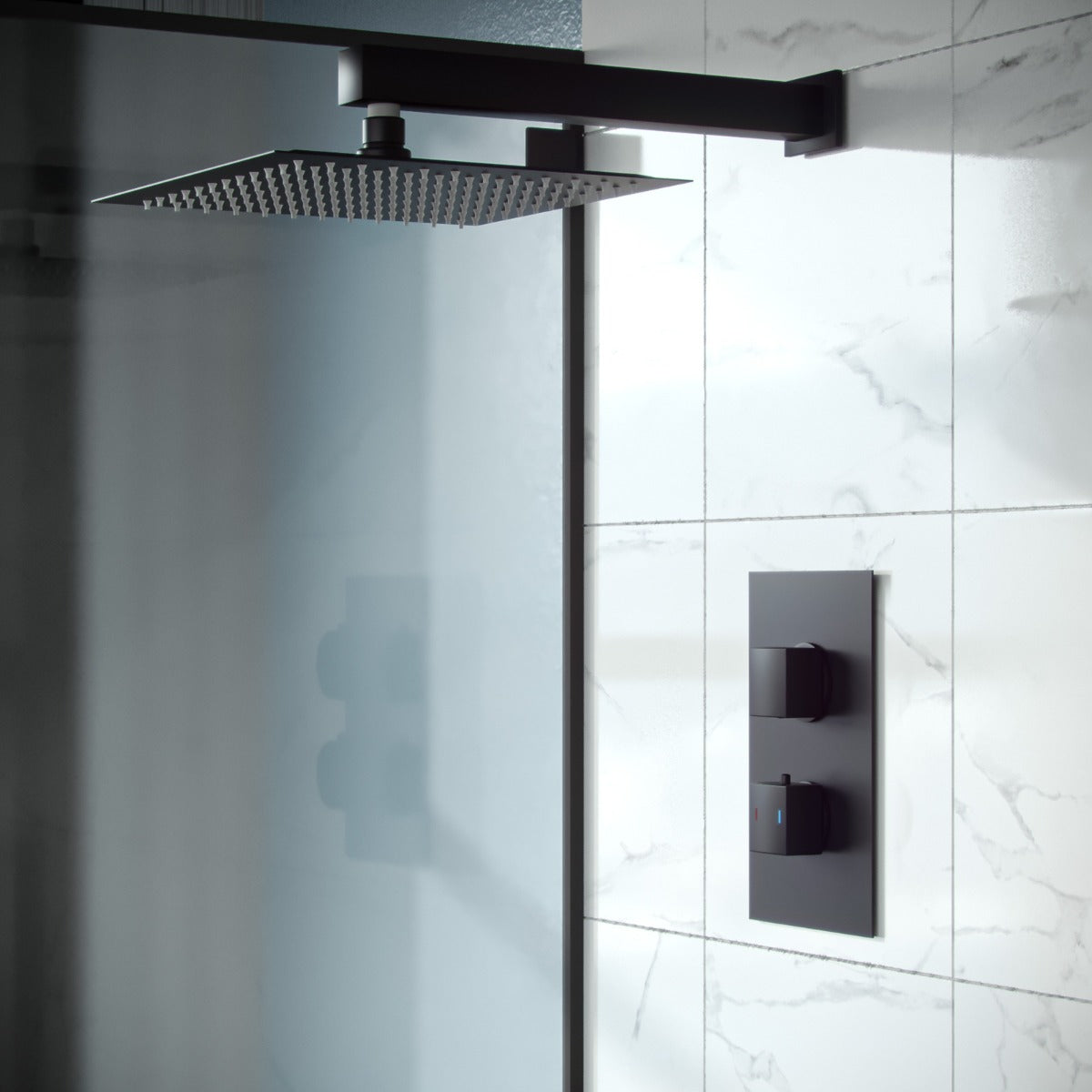 Rennes Matte Black Concealed Thermostatic Overhead 200mm Square Rainfall Shower Mixer Set