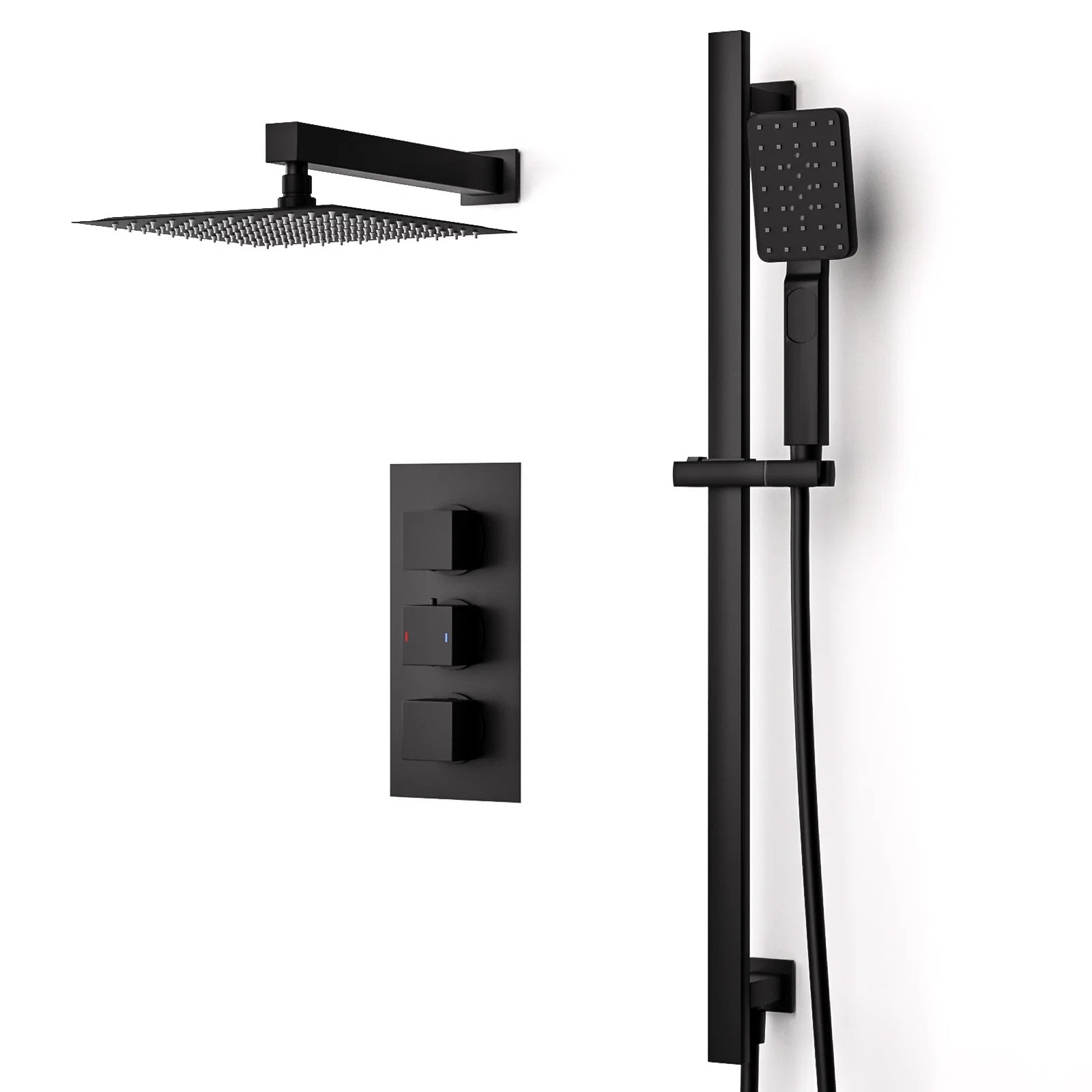 Temel 200mm Matte Black Shower 3-Way Mixer Valve + Handheld with Bath Filler Set