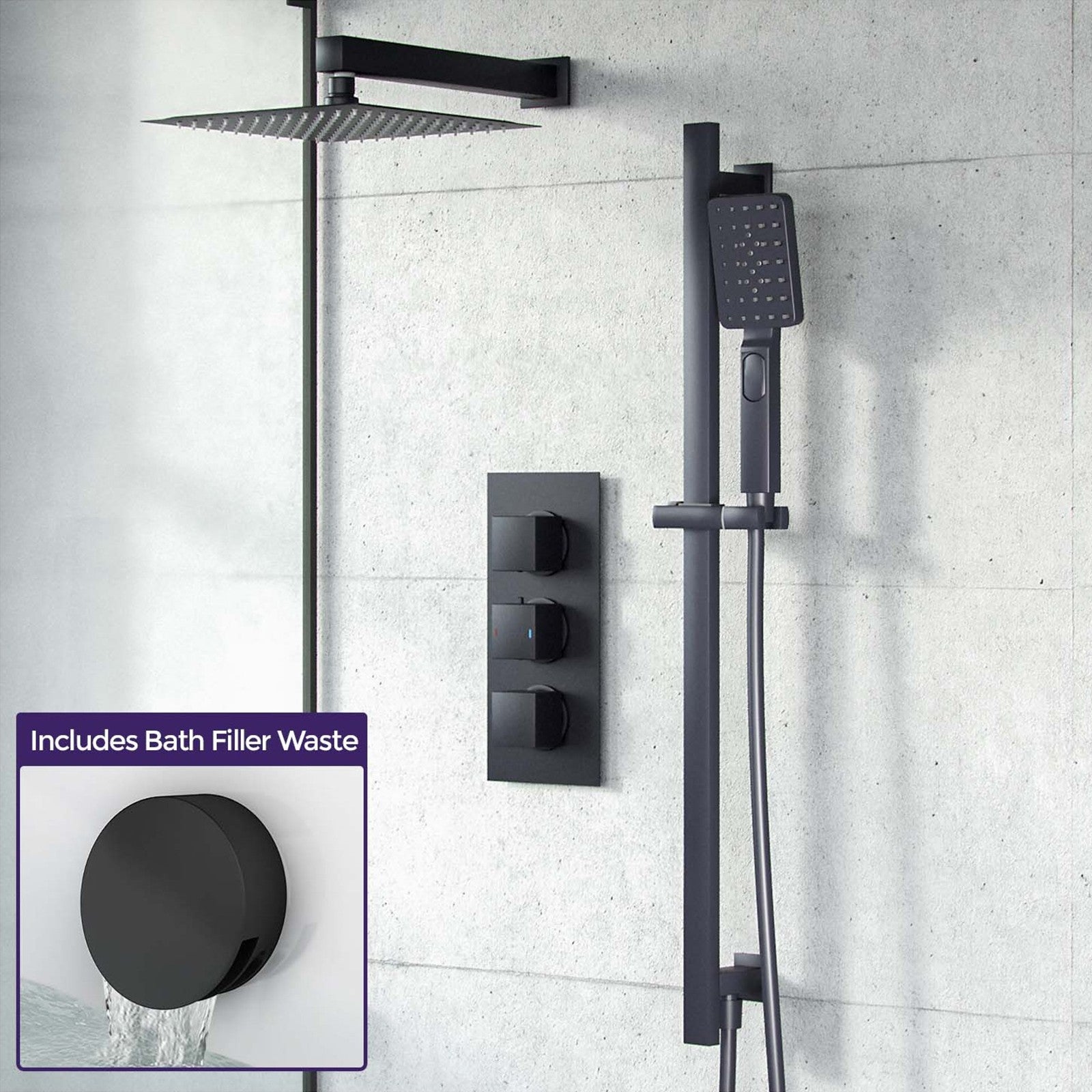 Temel 200mm Matte Black Shower 3-Way Mixer Valve + Handheld with Bath Filler Set