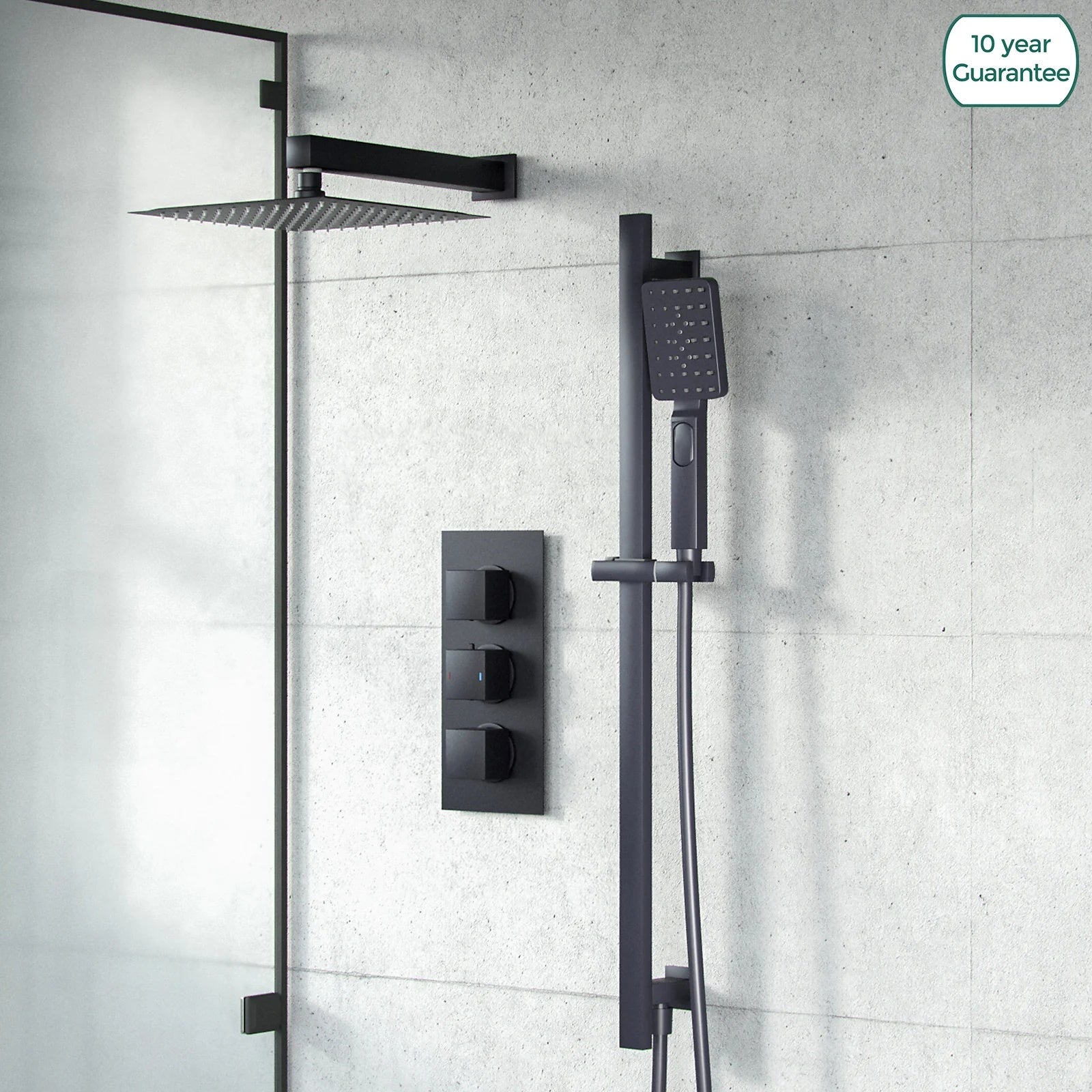 Temel Black Matte 2-Way 200mm Square Rainfall Shower Head Hand Held Mixer Valve