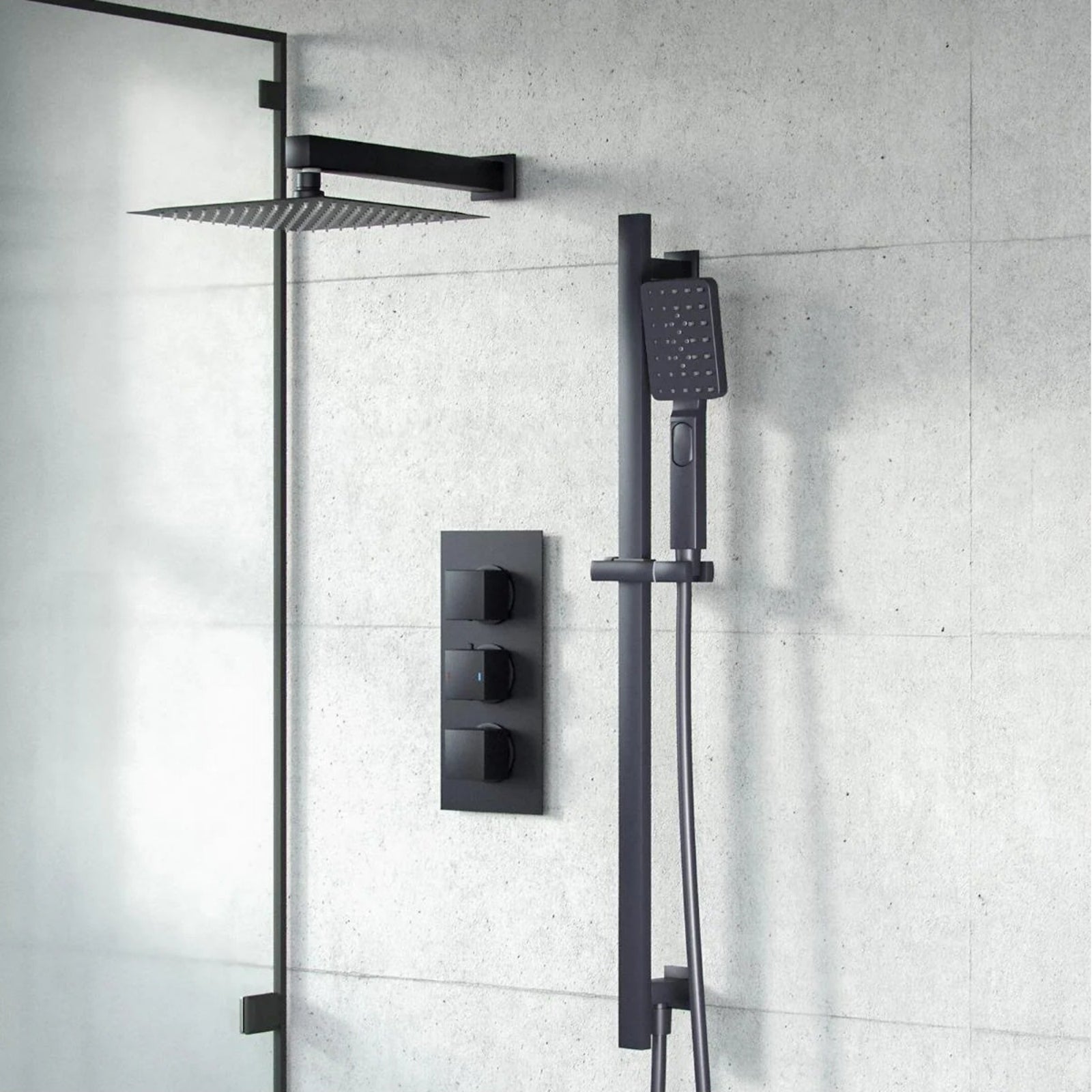 Temel Black Matte 2-Way 200mm Square Rainfall Shower Head Hand Held Mixer Valve