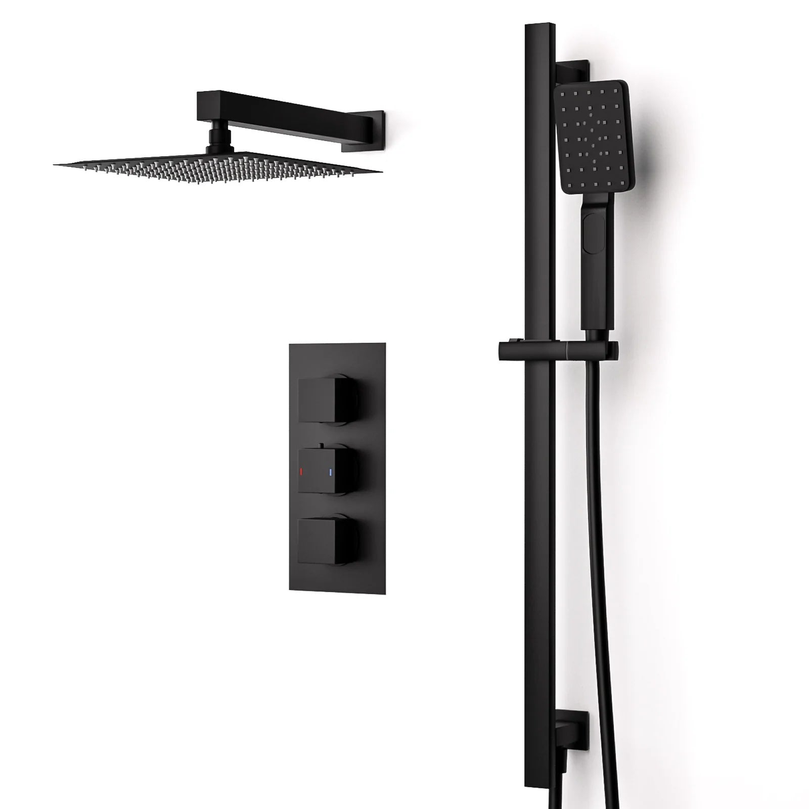 Temel Black Matte 2-Way 200mm Square Rainfall Shower Head Hand Held Mixer Valve