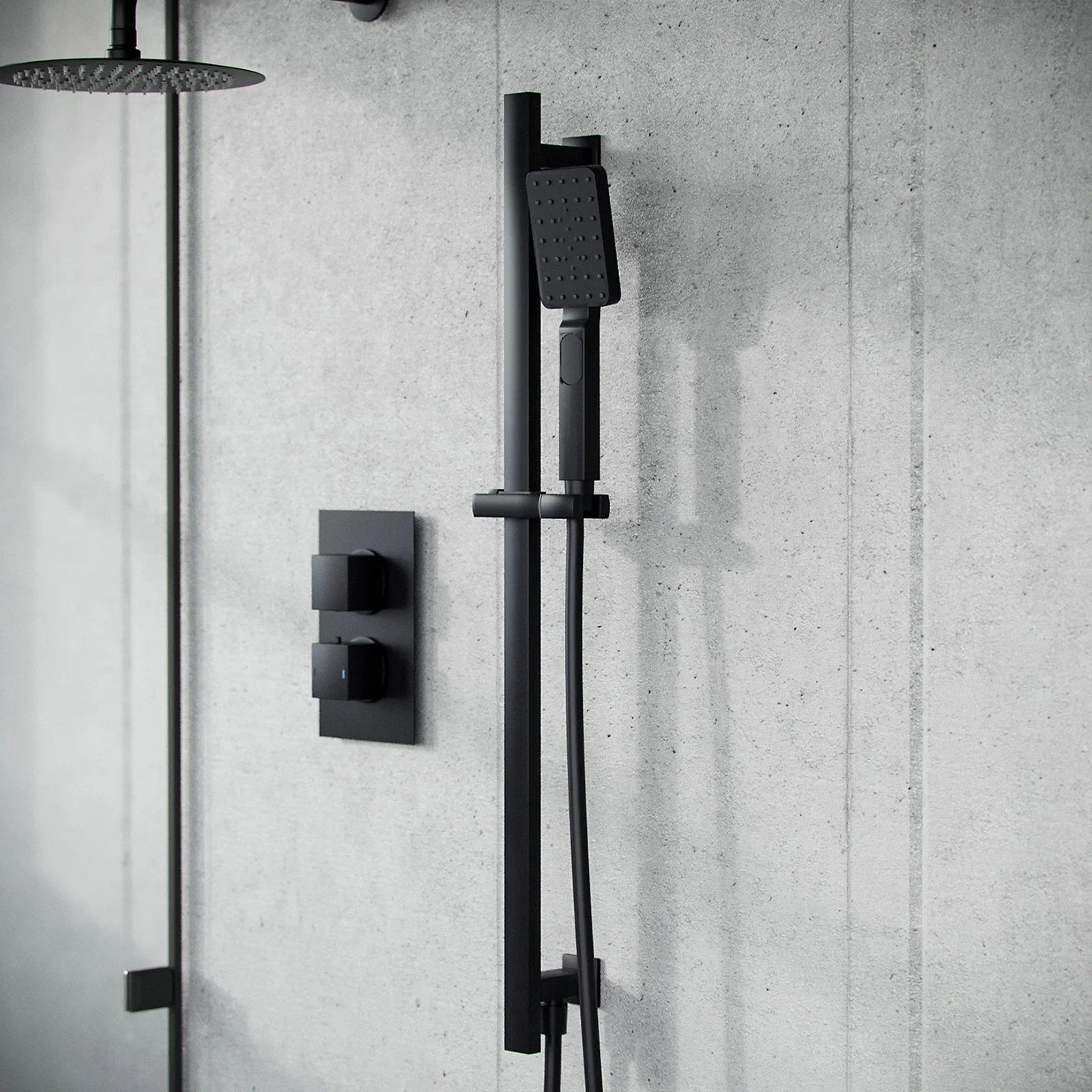 Temel Matte Black 2-Way Concealed Square Thermostatic Shower Mixer Valve Set