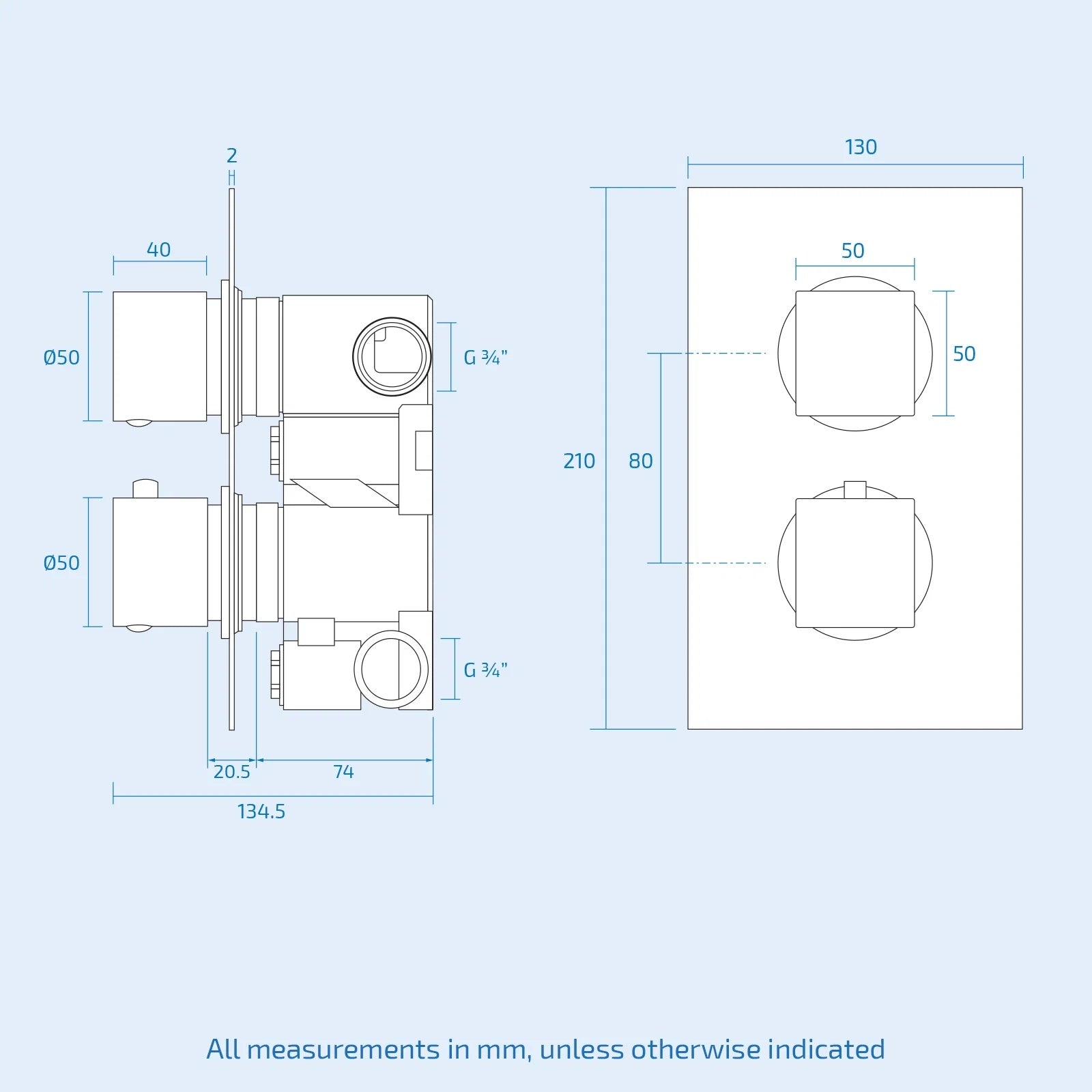 Temel Matte Black 2-Way Concealed Square Thermostatic Shower Mixer Valve Set