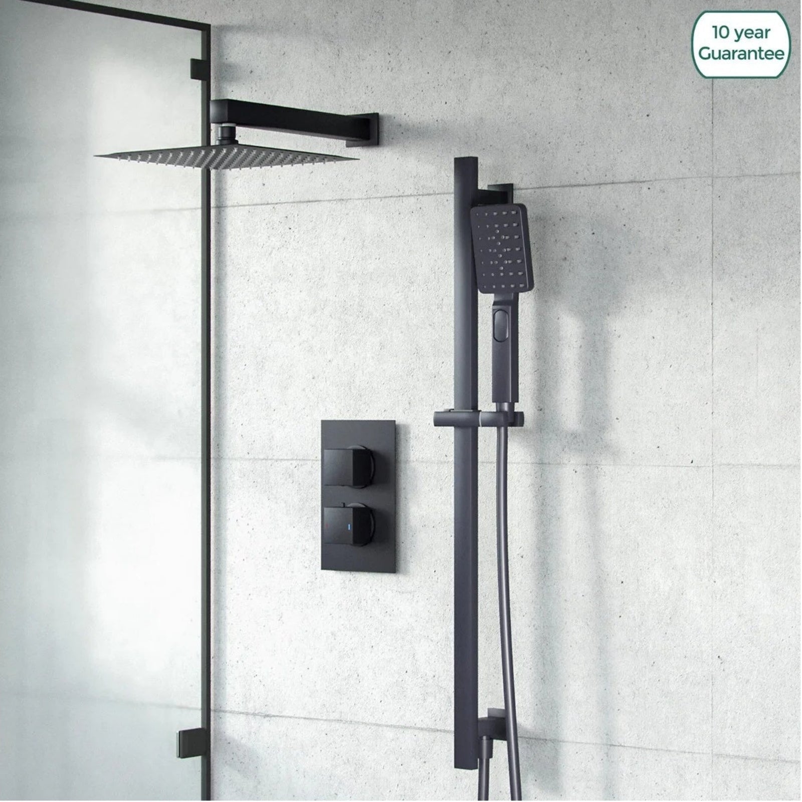 Temel Matte Black Thermostatic Mixer Valve Shower Head Handset Slider Rail Set