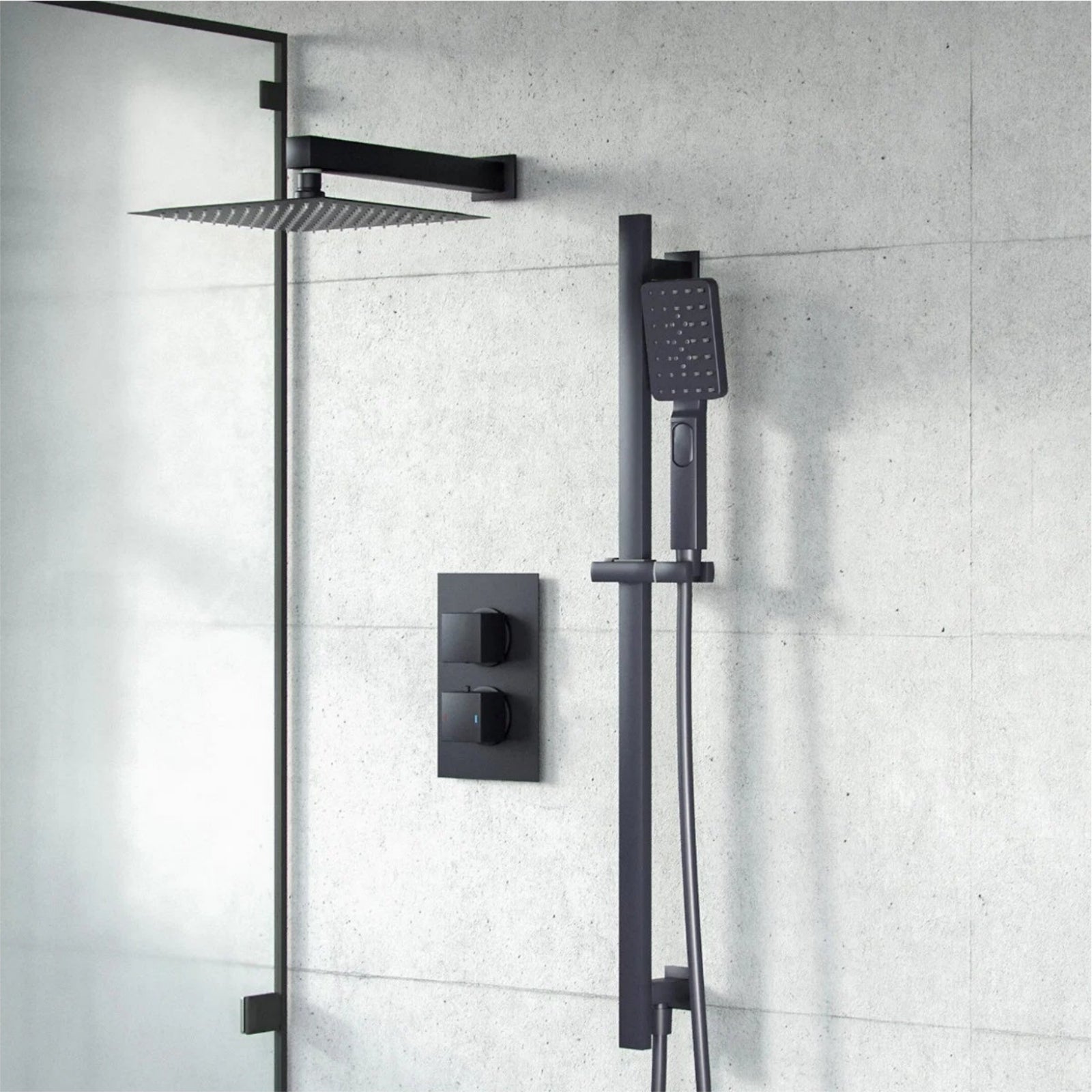 Temel Matte Black Thermostatic Mixer Valve Shower Head Handset Slider Rail Set