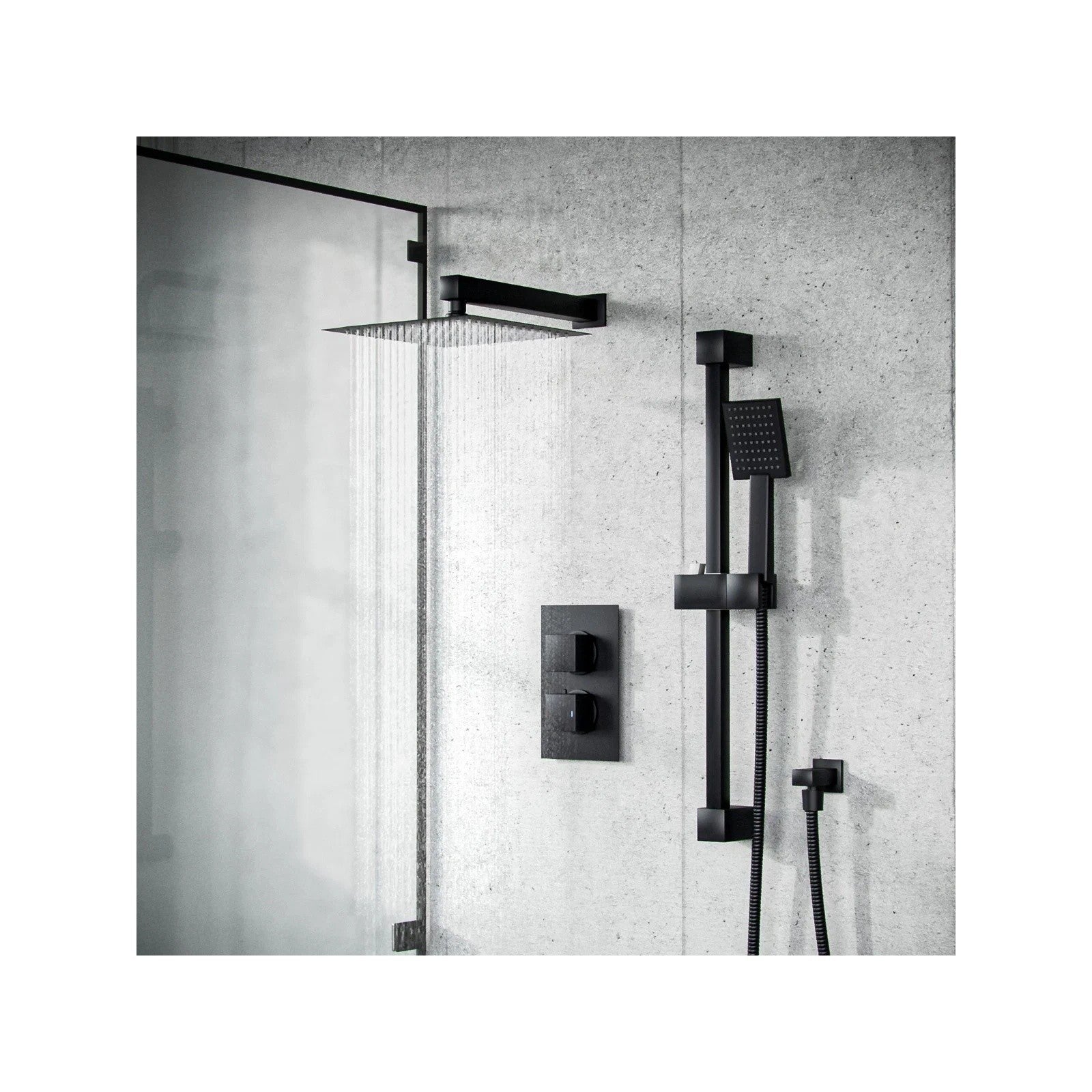 Temel Matte Black Voilet 2 Dial Thermostatic Mixer Outlet Square Shower Rail & Handset