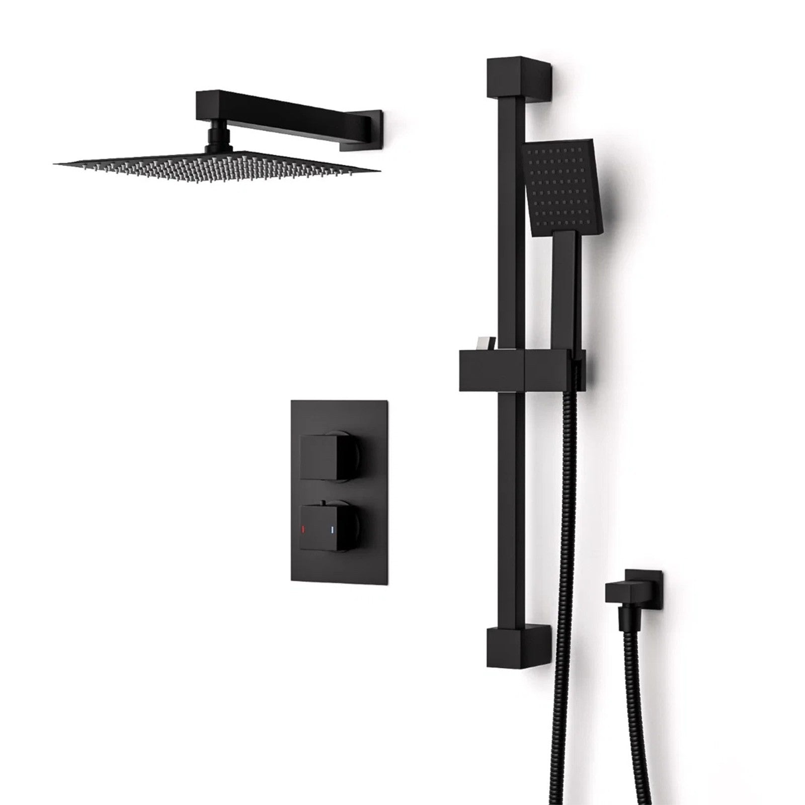 Temel Matte Black Voilet 2 Dial Thermostatic Mixer Outlet Square Shower Rail & Handset