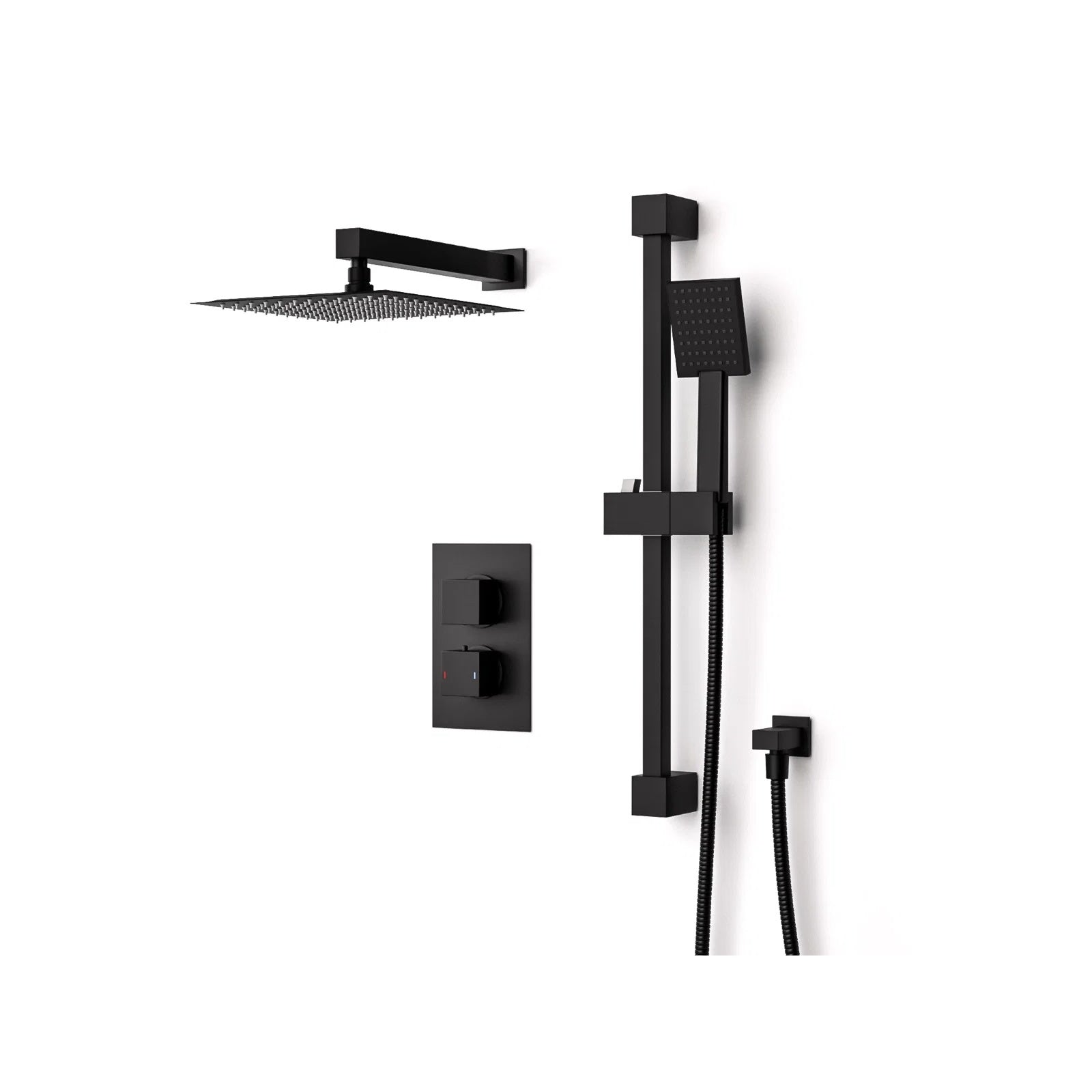 Temel Matte Black Voilet 2 Dial Thermostatic Mixer Outlet Square Shower Rail & Handset