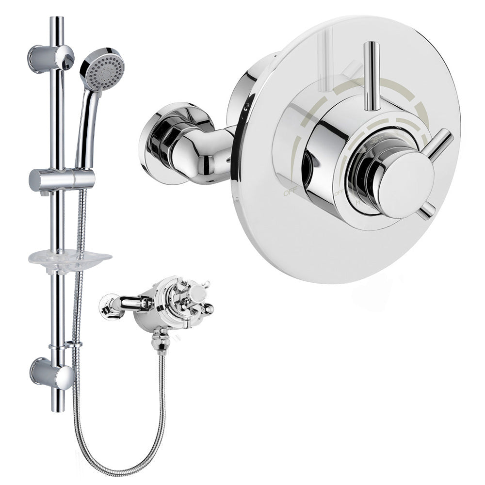Emso Round Exposed/Concealed Thermostatic Shower Valve + Slider Rail Handset Kit