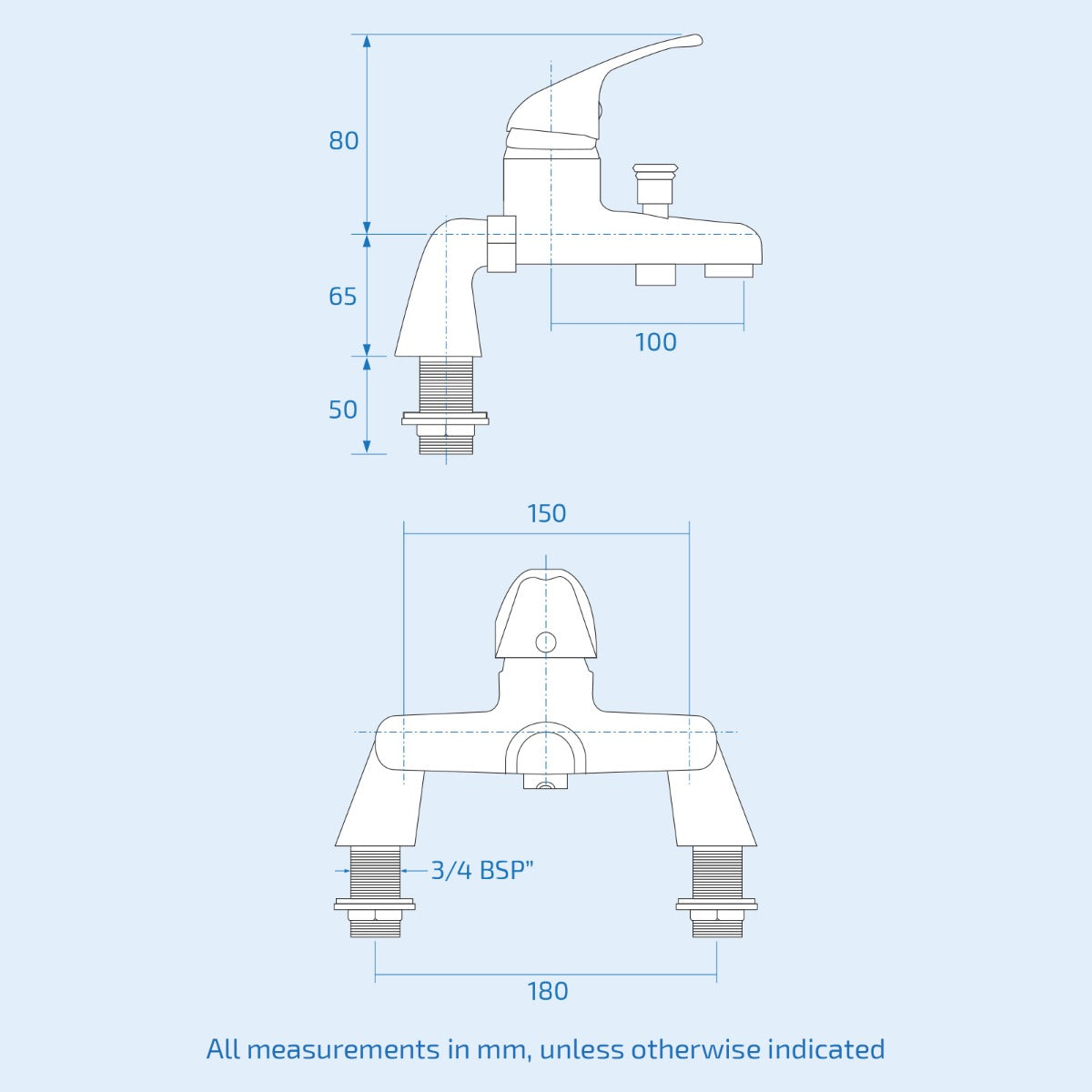 Technical drawing/model of a faucet with dimensions on a light blue background
