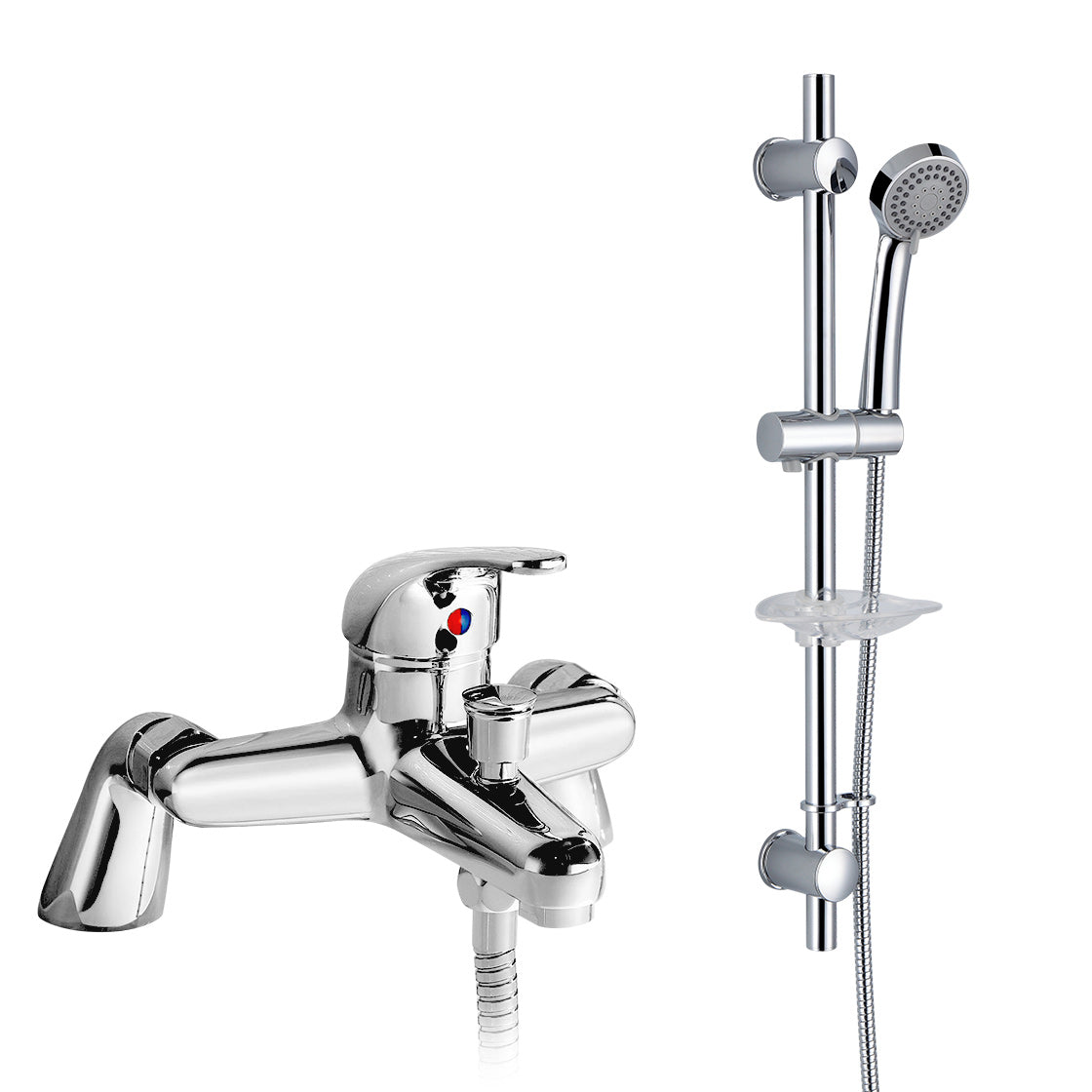 Chrome bath faucet with handheld shower on a white background