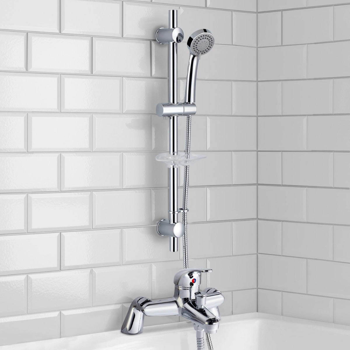 Chrome shower system with handheld shower head and control handle against a tiled bathroom wall.