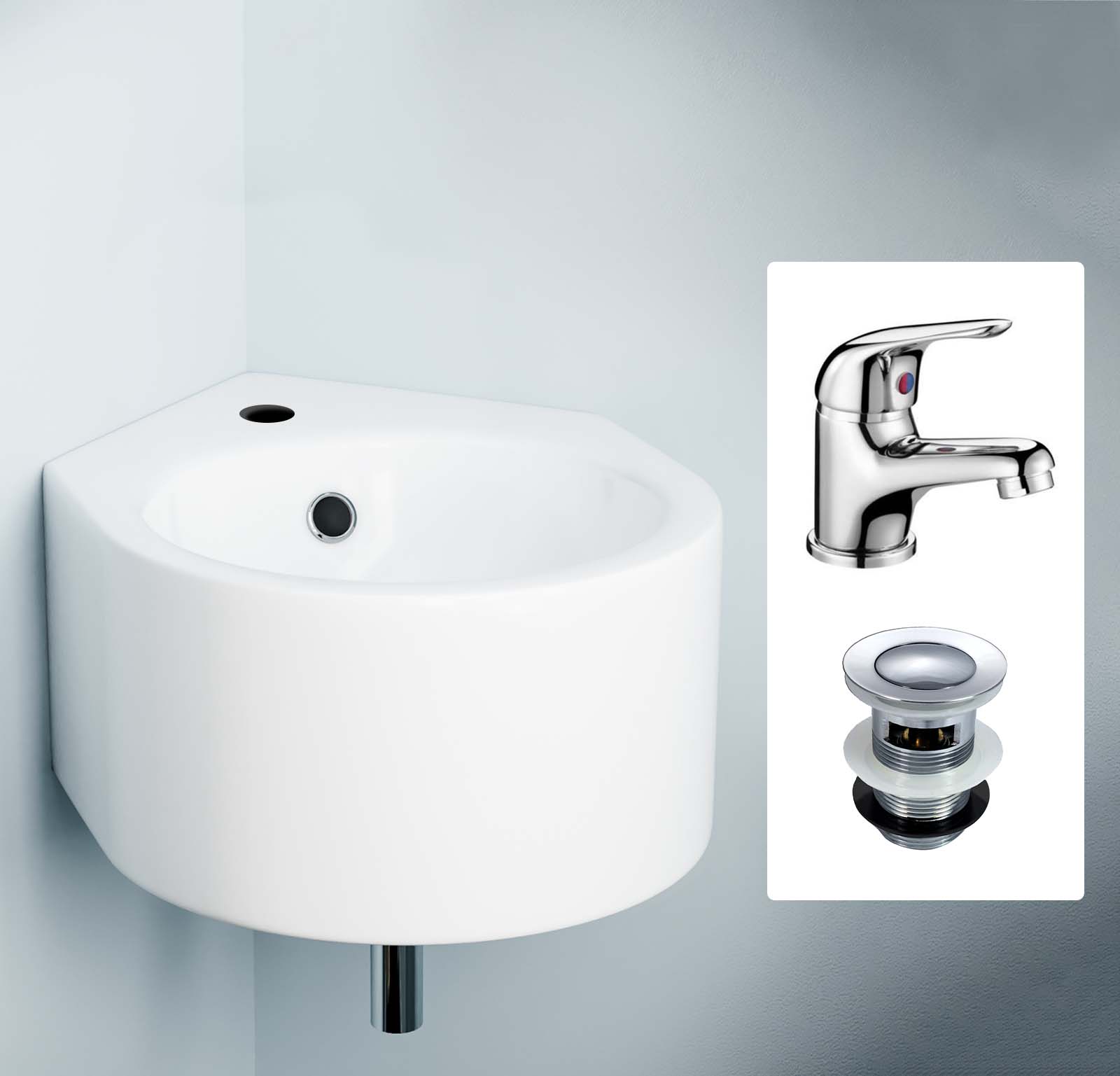 Corner Wall Hung Bathroom 310mm Cloakroom Ceramic Basin Mono Mixer Tap & Waste
