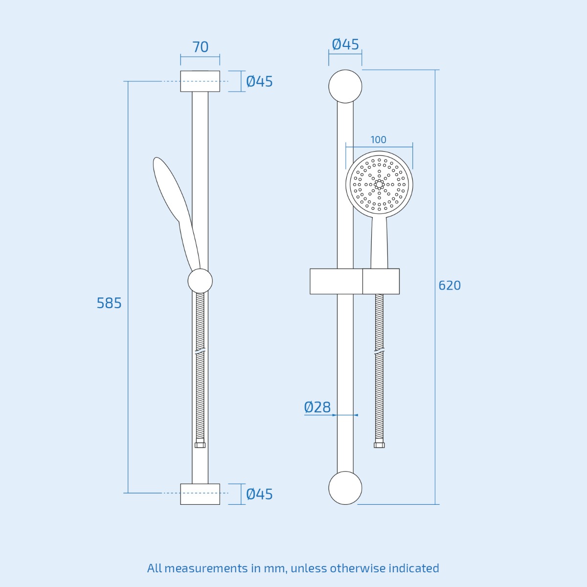 Technical drawing/blueprint of a shower head and arm with measurements on a light blue background
