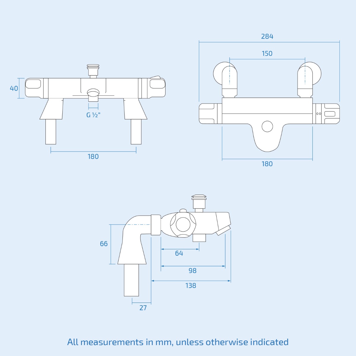 Square Chrome Exposed Shower Mixer Thermostatic Riser Rail & Handset