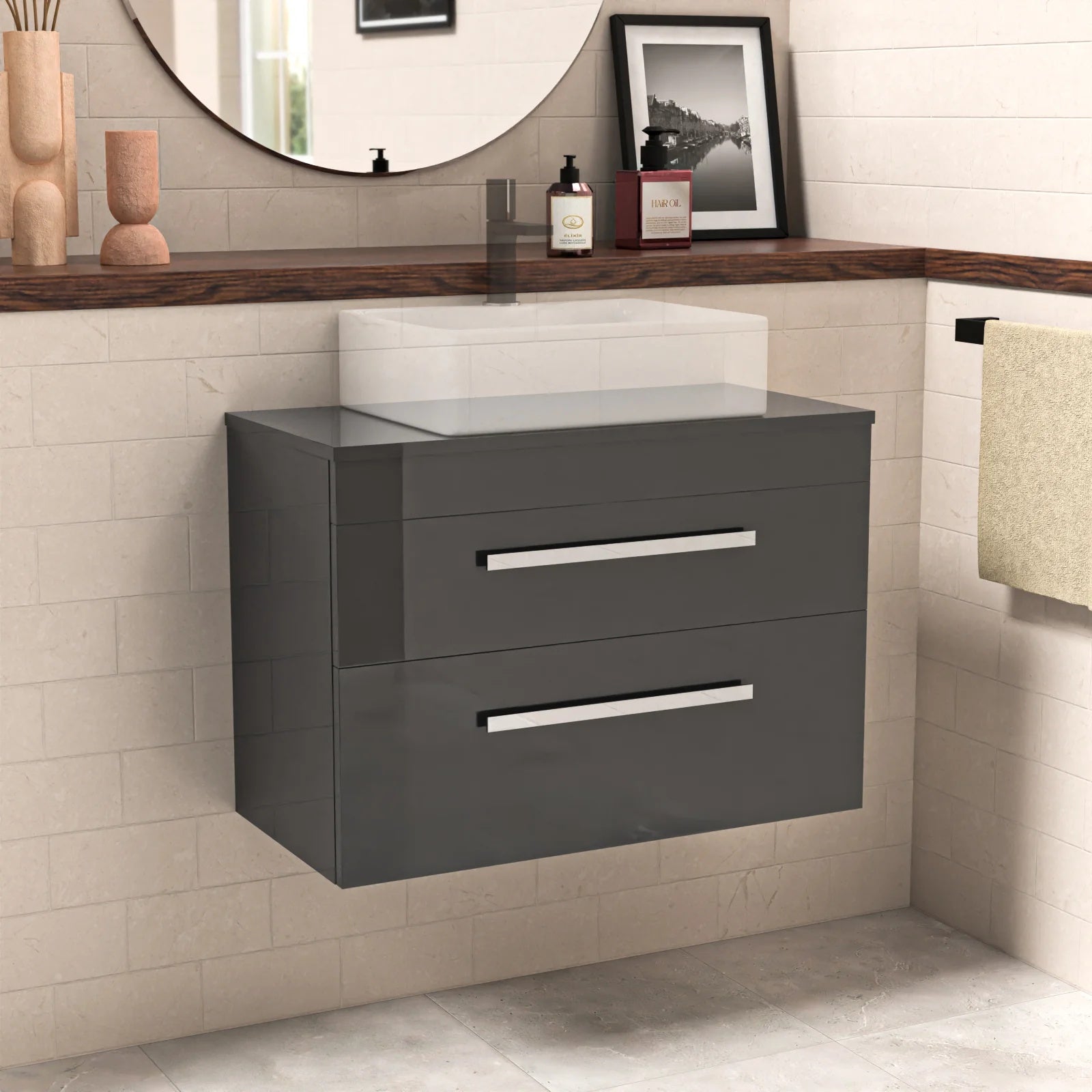 Nanuya 800mm Anthracite Wall Hung Cabinet 2 Drawer and Worktop