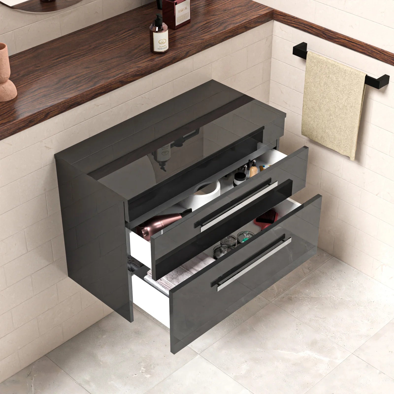 Nanuya 800mm Anthracite Wall Hung Cabinet 2 Drawer and Worktop