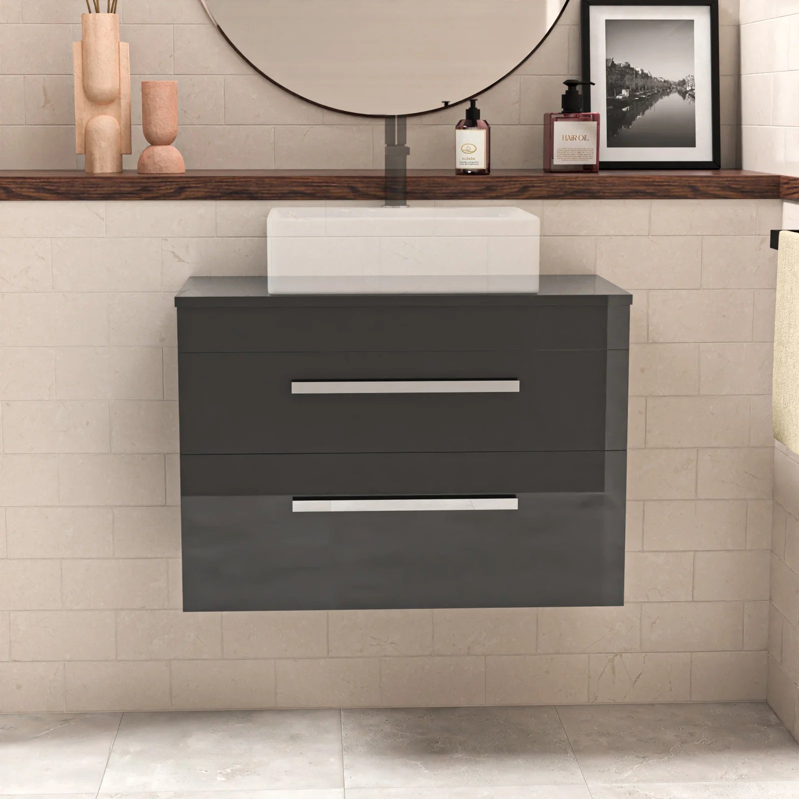 Nanuya 800mm Anthracite Wall Hung Cabinet 2 Drawer and Worktop