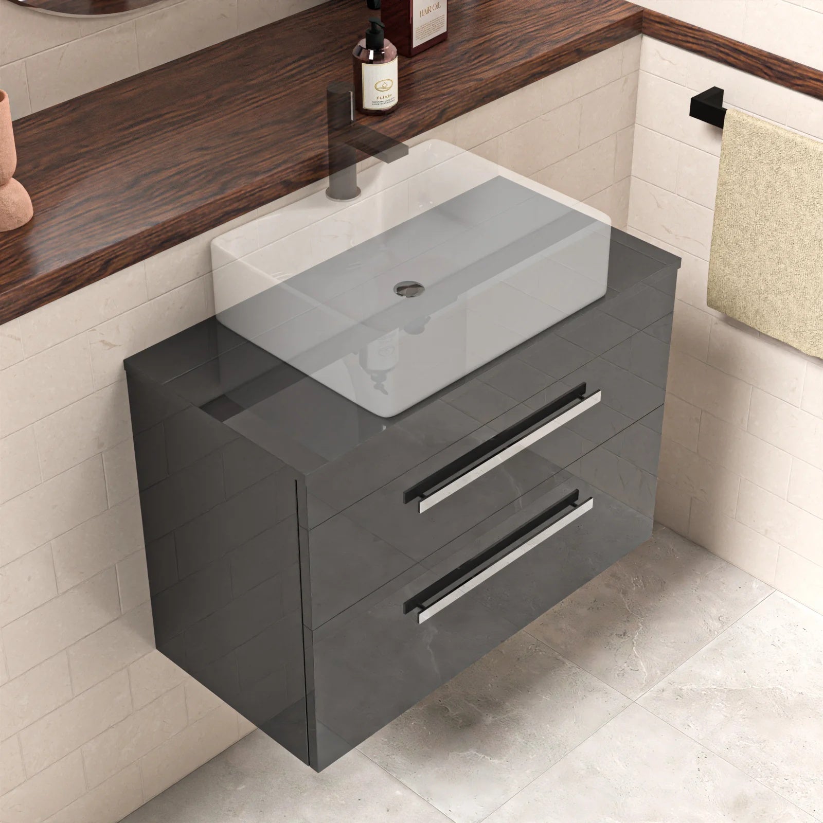 Nanuya 800mm Anthracite Wall Hung Cabinet 2 Drawer and Worktop