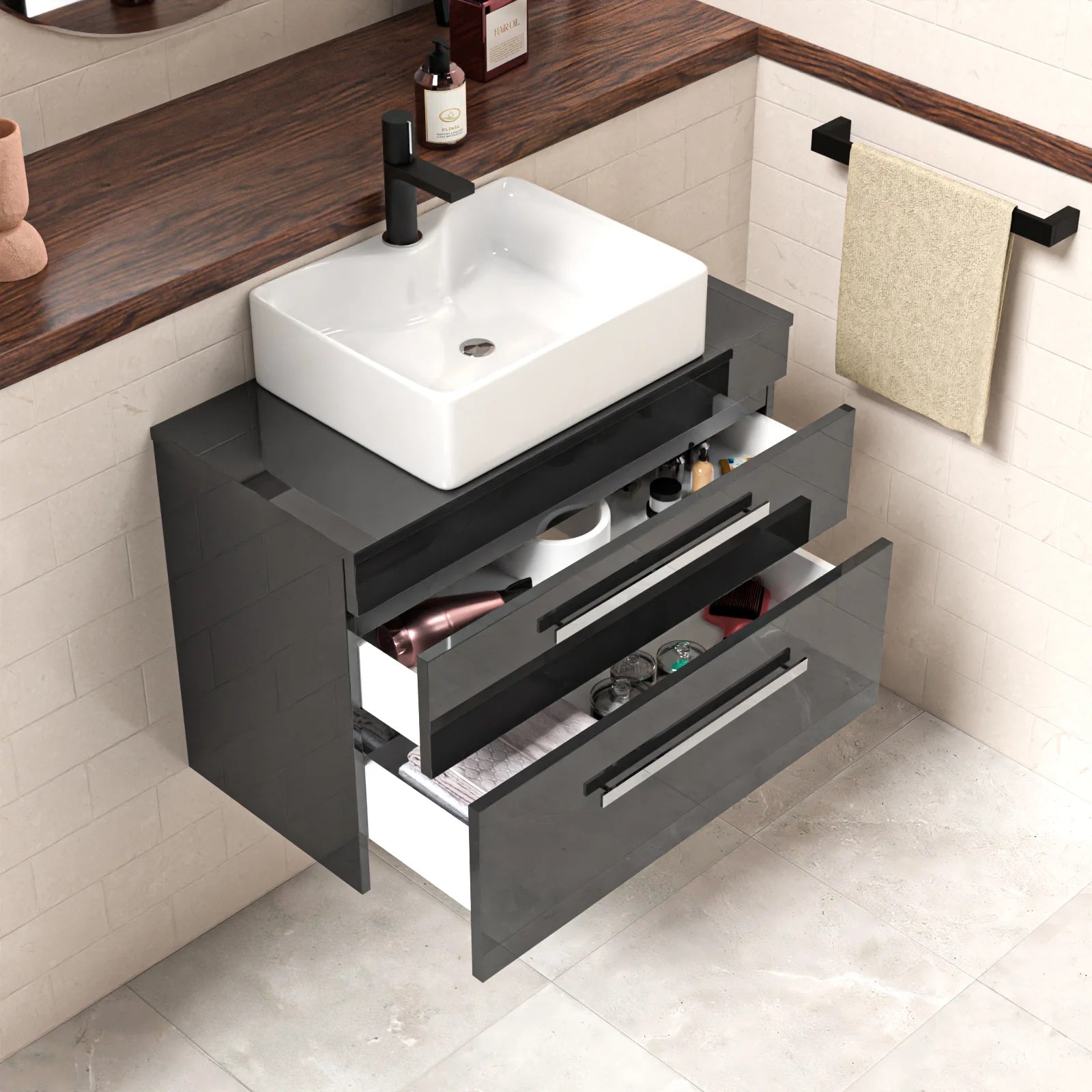 Nanuya 800mm Anthracite Wall Hung Cabinet 2 Drawer With Rectangle Basin and Worktop Set