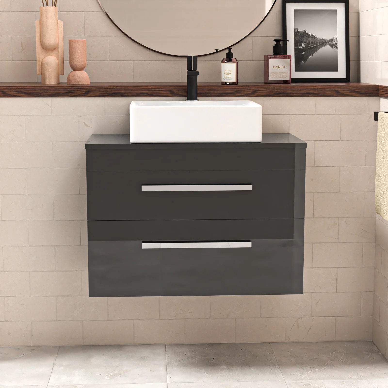 Nanuya 800mm Anthracite Wall Hung Cabinet 2 Drawer With Rectangle Basin and Worktop Set