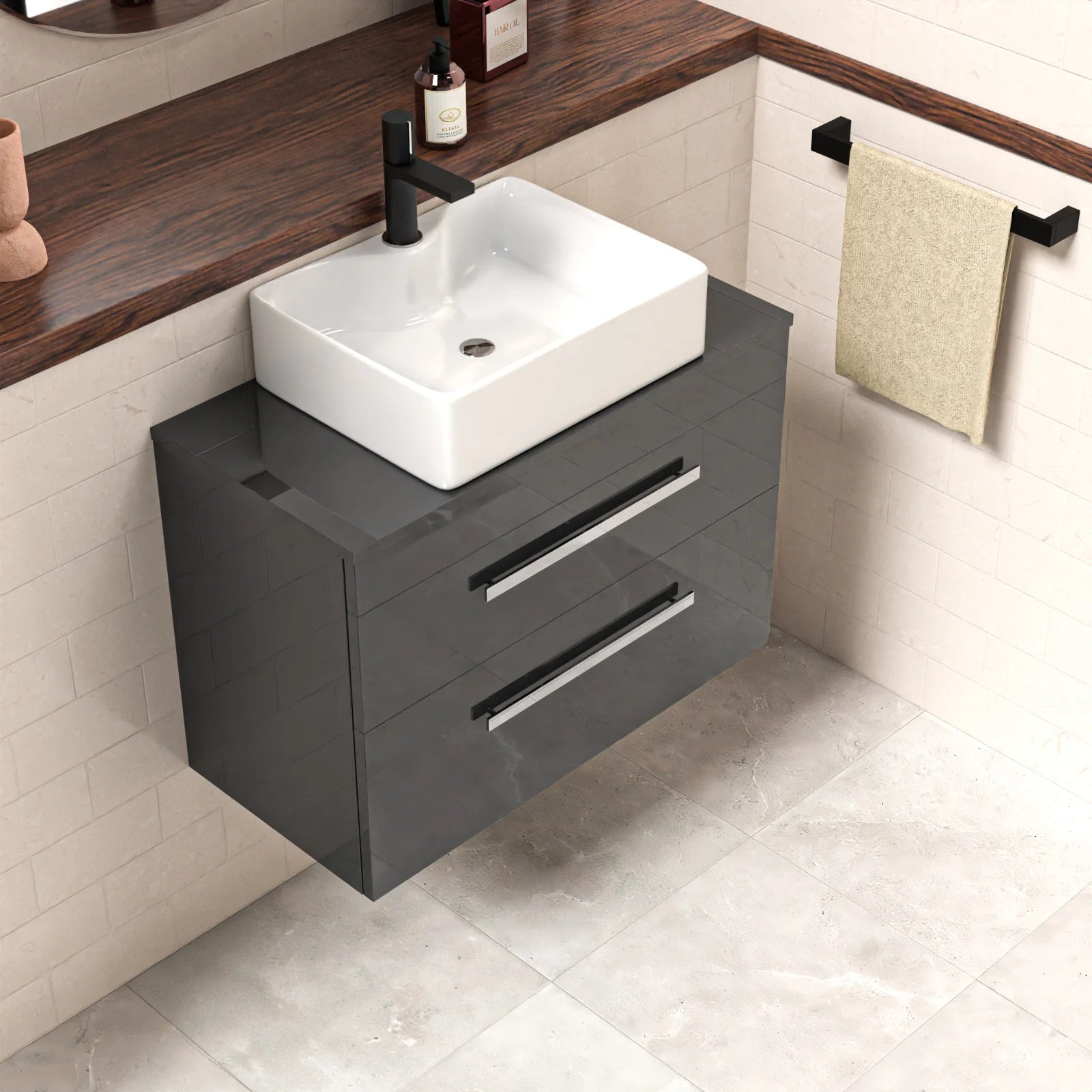 Nanuya 800mm Anthracite Wall Hung Cabinet 2 Drawer With Rectangle Basin and Worktop Set