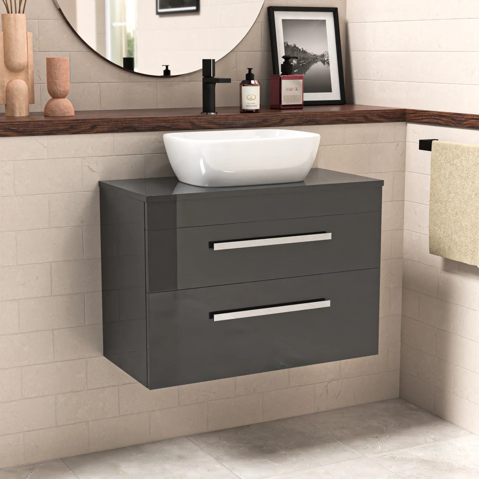 Nanuya 800mm Anthracite Wall Hung Cabinet 2 Drawer With Basin and Worktop Set