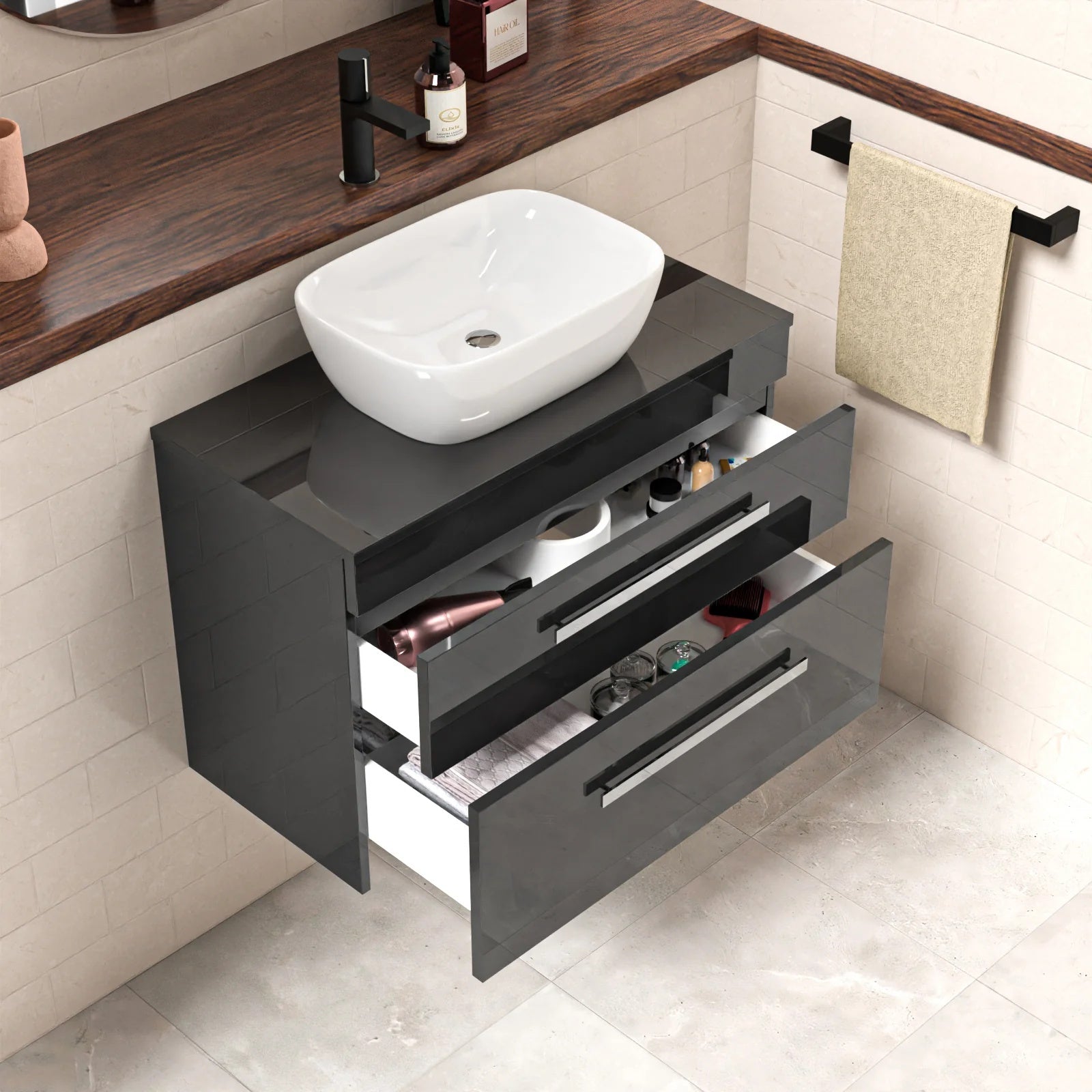 Nanuya 800mm Anthracite Wall Hung Cabinet 2 Drawer With Basin and Worktop Set