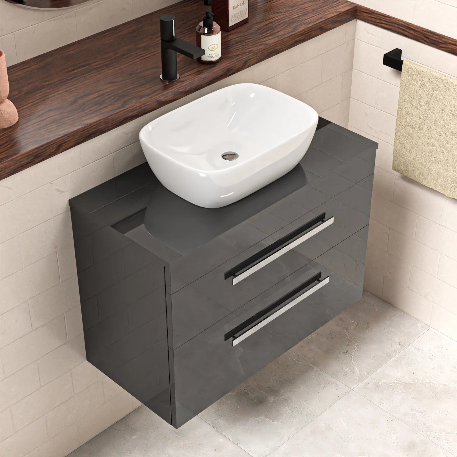 Nanuya 800mm Anthracite Wall Hung Cabinet 2 Drawer With Basin and Worktop Set