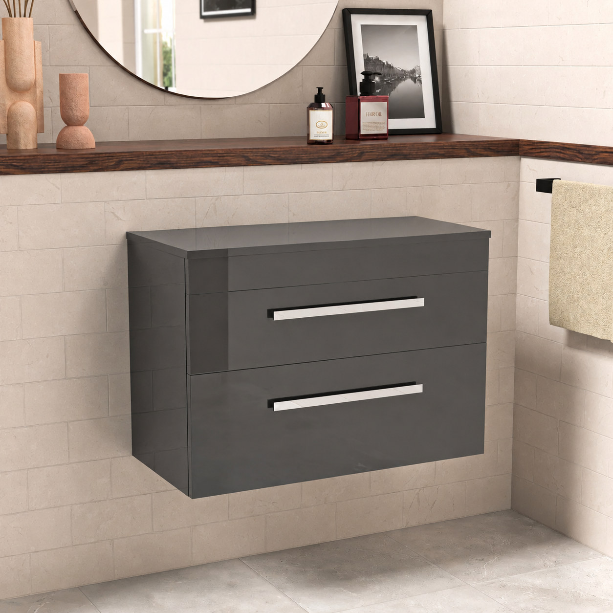 Nanuya 800mm Anthracite Wall Hung Cabinet 2 Drawer and Worktop
