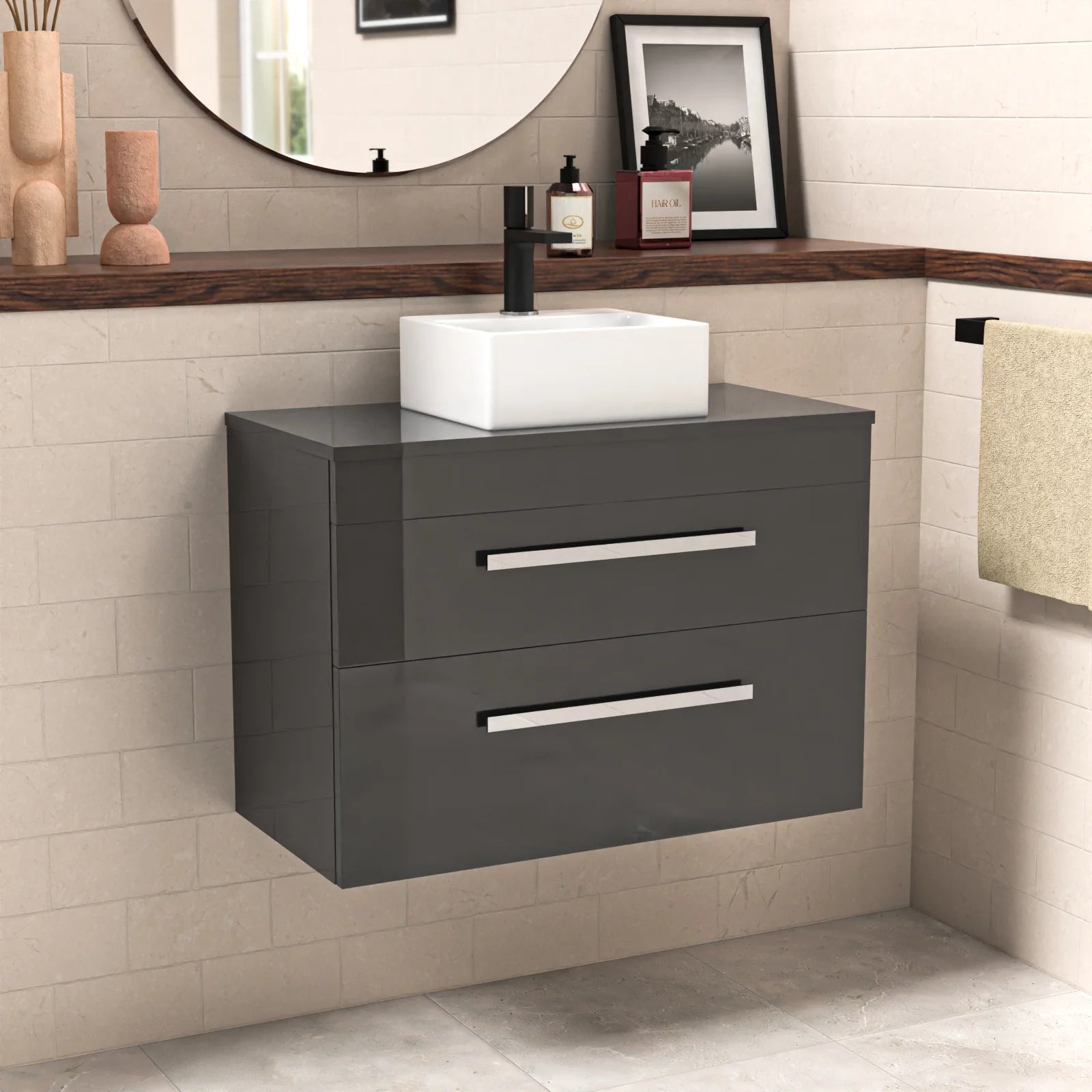 Nanuya 800mm Anthracite Wall Hung Cabinet 2 Drawer With Square Basin and Worktop Set