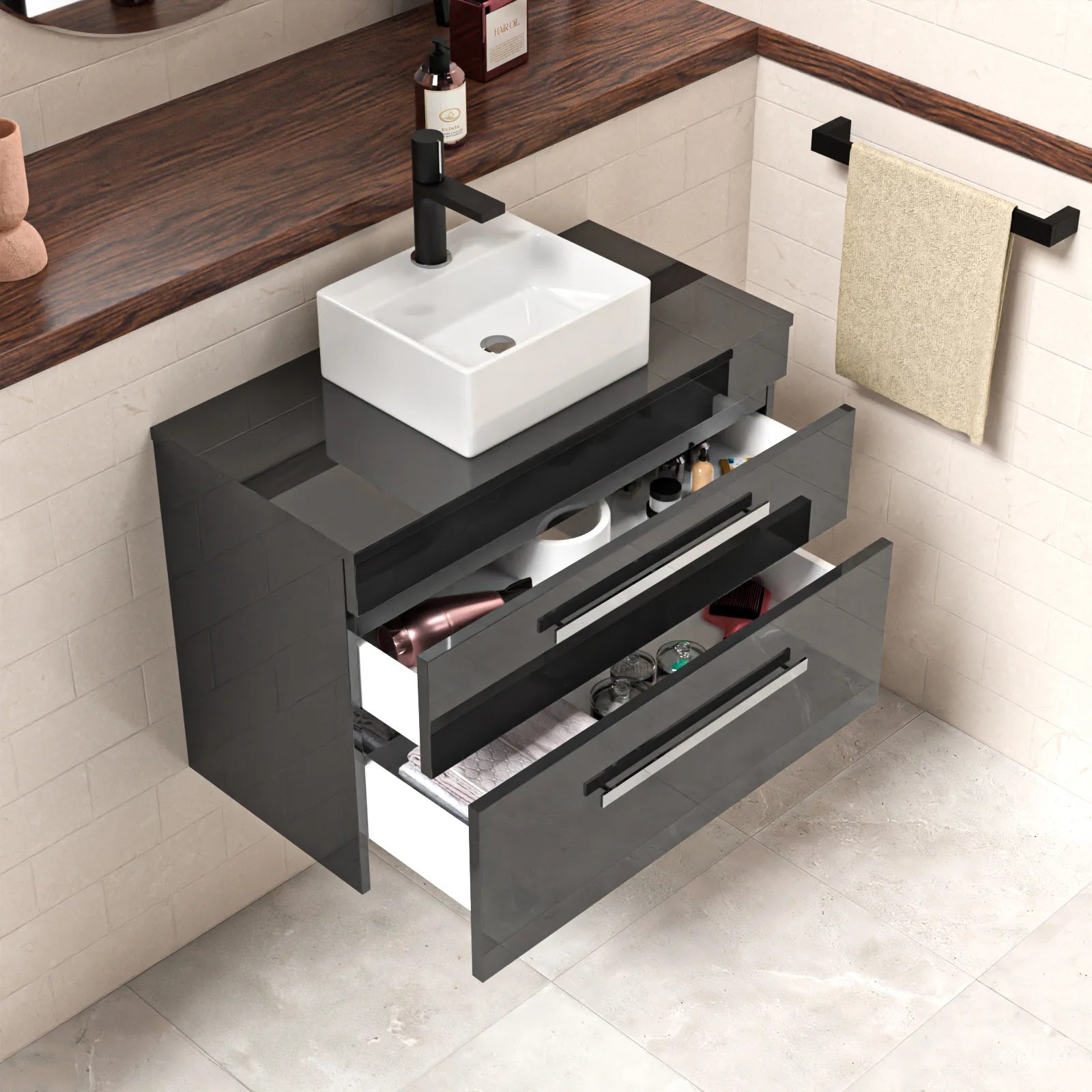 Nanuya 800mm Anthracite Wall Hung Cabinet 2 Drawer With Square Basin and Worktop Set