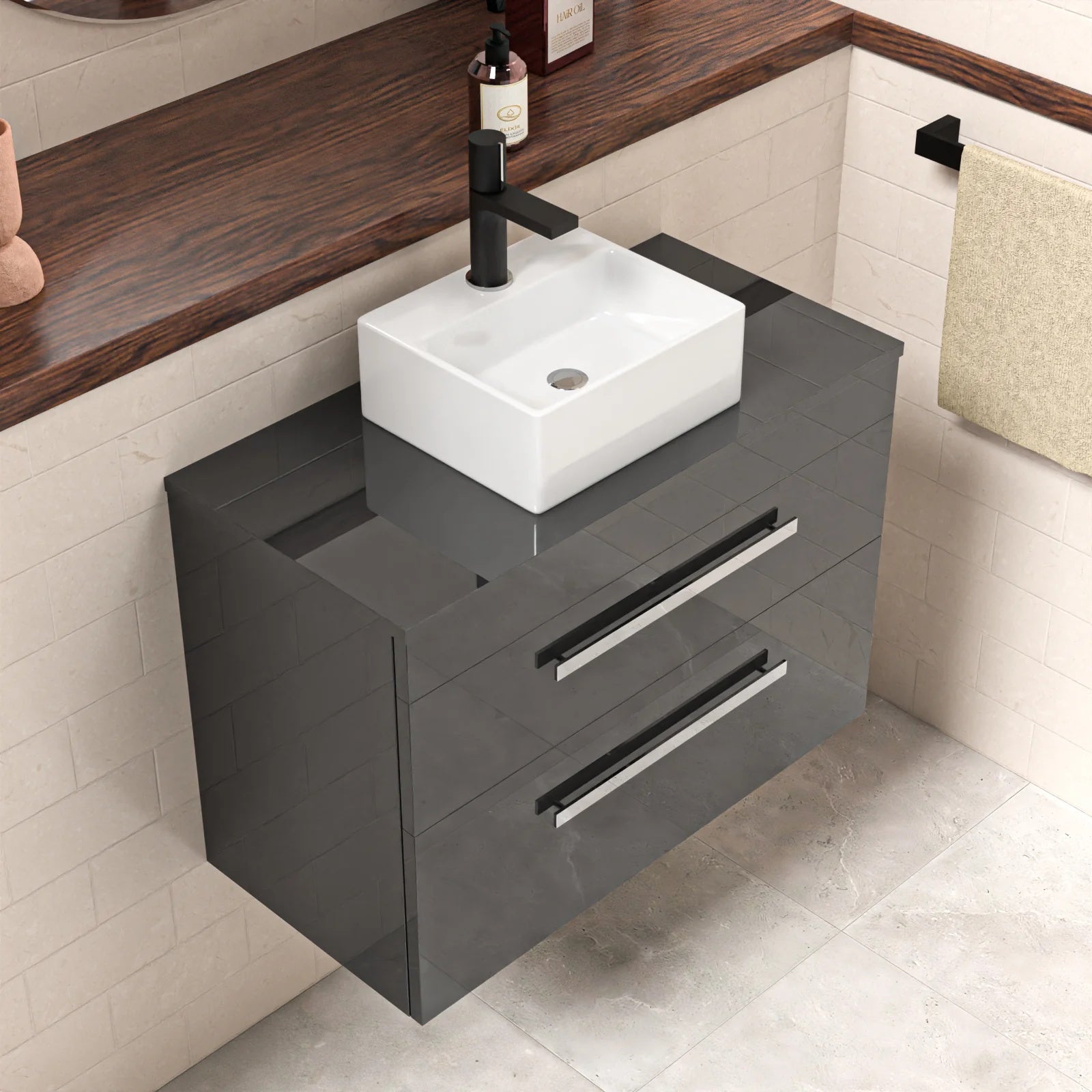 Nanuya 800mm Anthracite Wall Hung Cabinet 2 Drawer With Square Basin and Worktop Set
