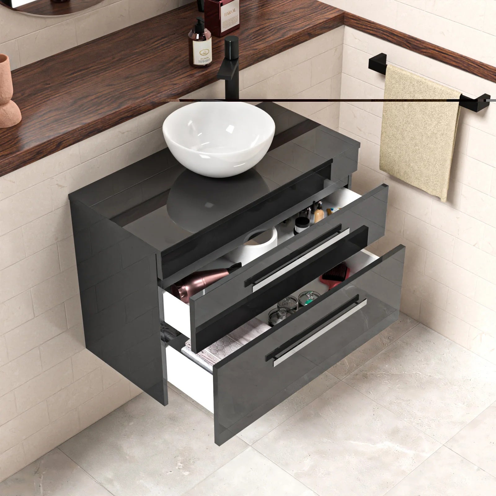 Nanuya 800mm Anthracite Wall Hung Cabinet 2 Drawer With Round Basin and Worktop Set