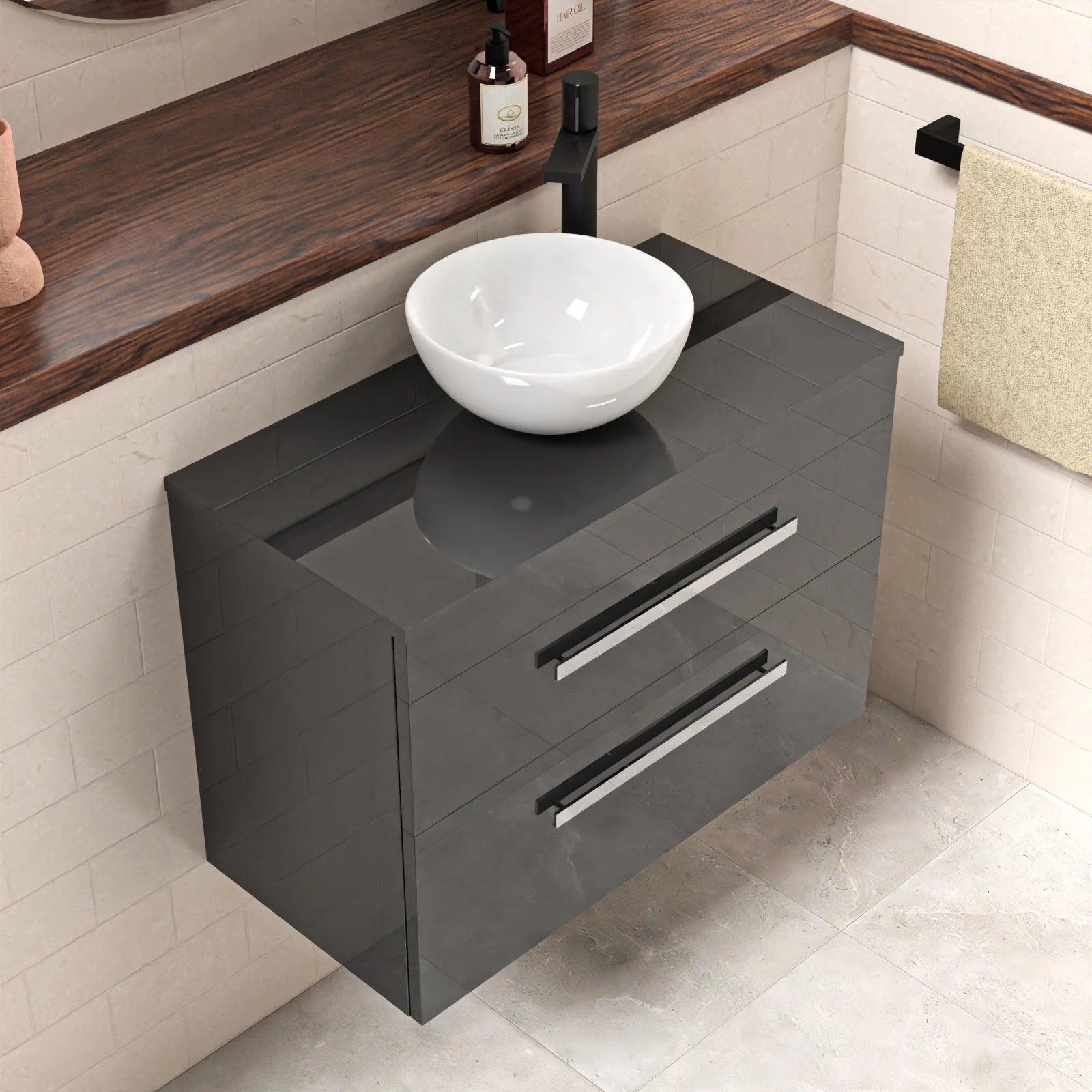 Nanuya 800mm Anthracite Wall Hung Cabinet 2 Drawer With Round Basin and Worktop Set