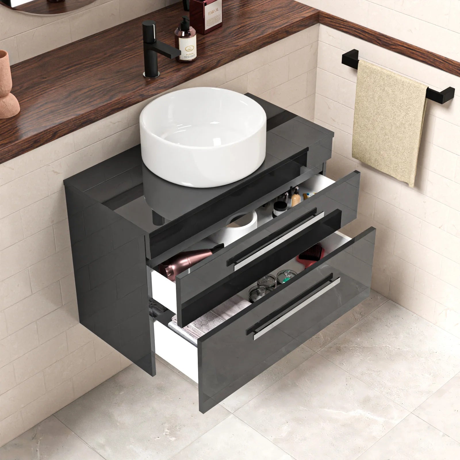 Nanuya 800mm Anthracite Wall Hung Cabinet 2 Drawer With Round Basin and Worktop Set